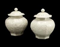 A Pair of Blanc de Chine Porcelain Hexagonal Jars