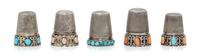 A Group of Five Continental Silver and Stone Thimbles, Various Makers, each having a knurled top and body, two examples with inset cora