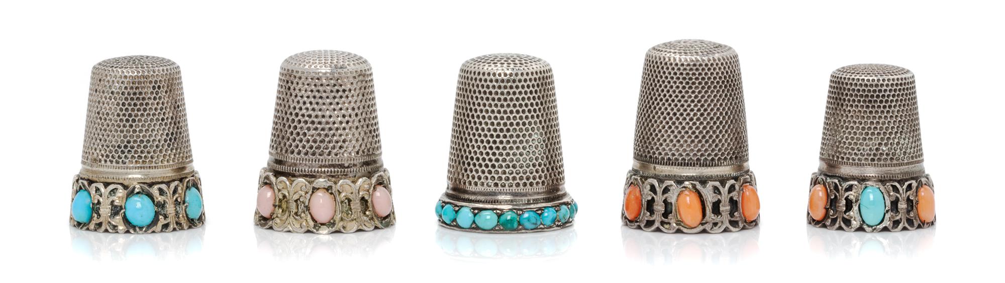A Group of Five Continental Silver and Stone Thimbles, Various Makers, each having a knurled top and body, two examples with inset cora