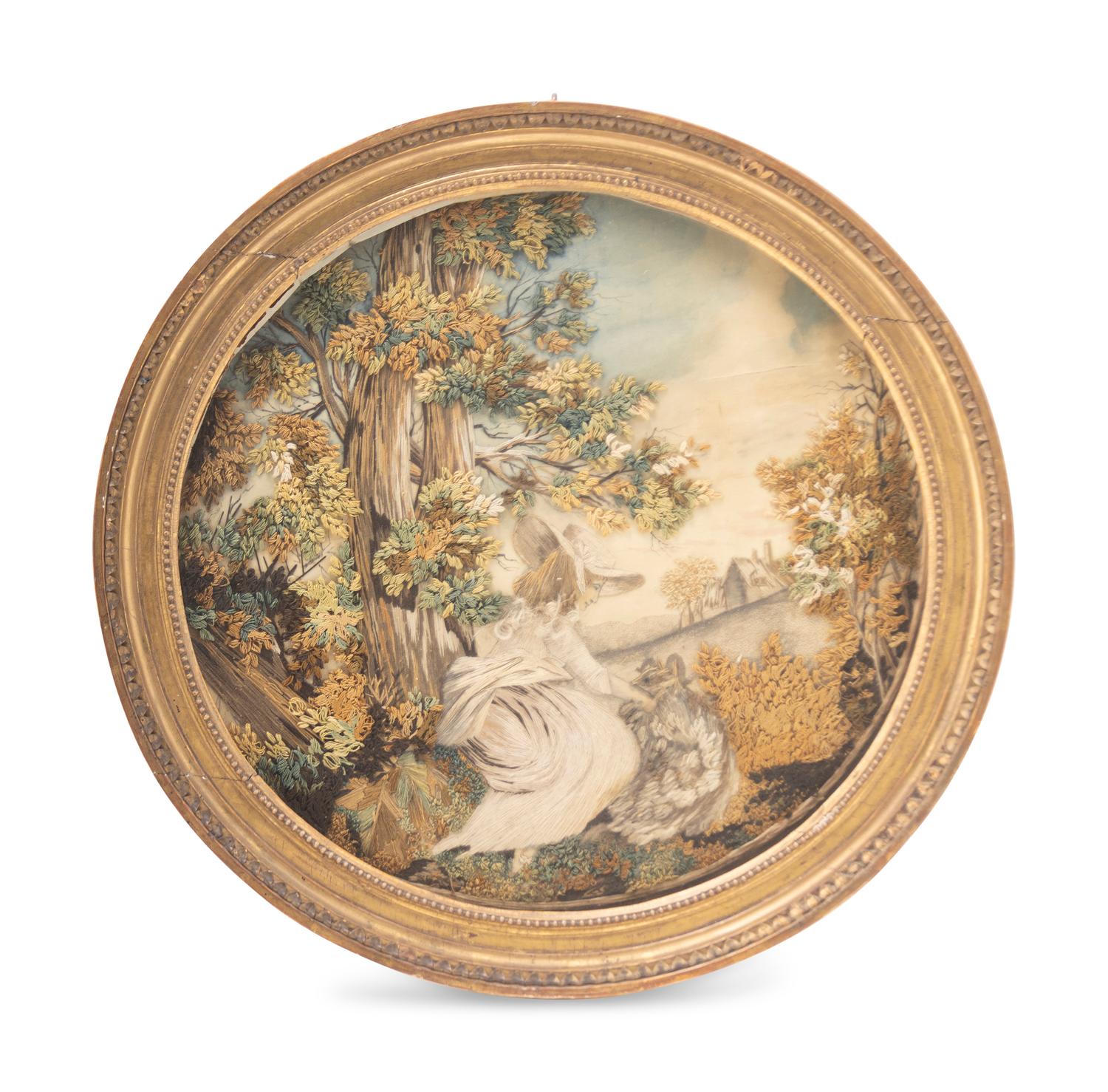 An English Needlework Picture of a Lady with a Dog