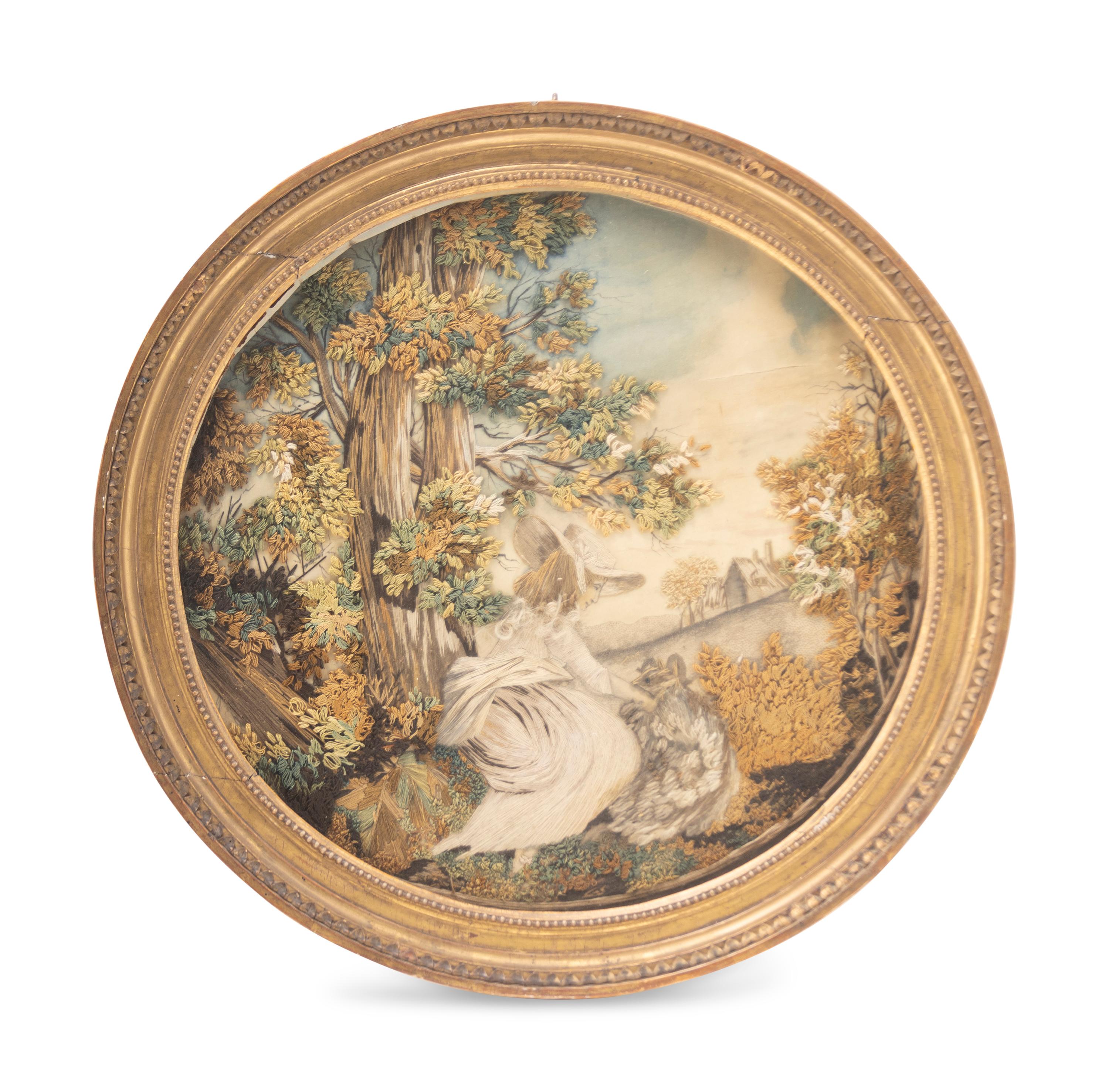 An English Needlework Picture of a Lady with a Dog