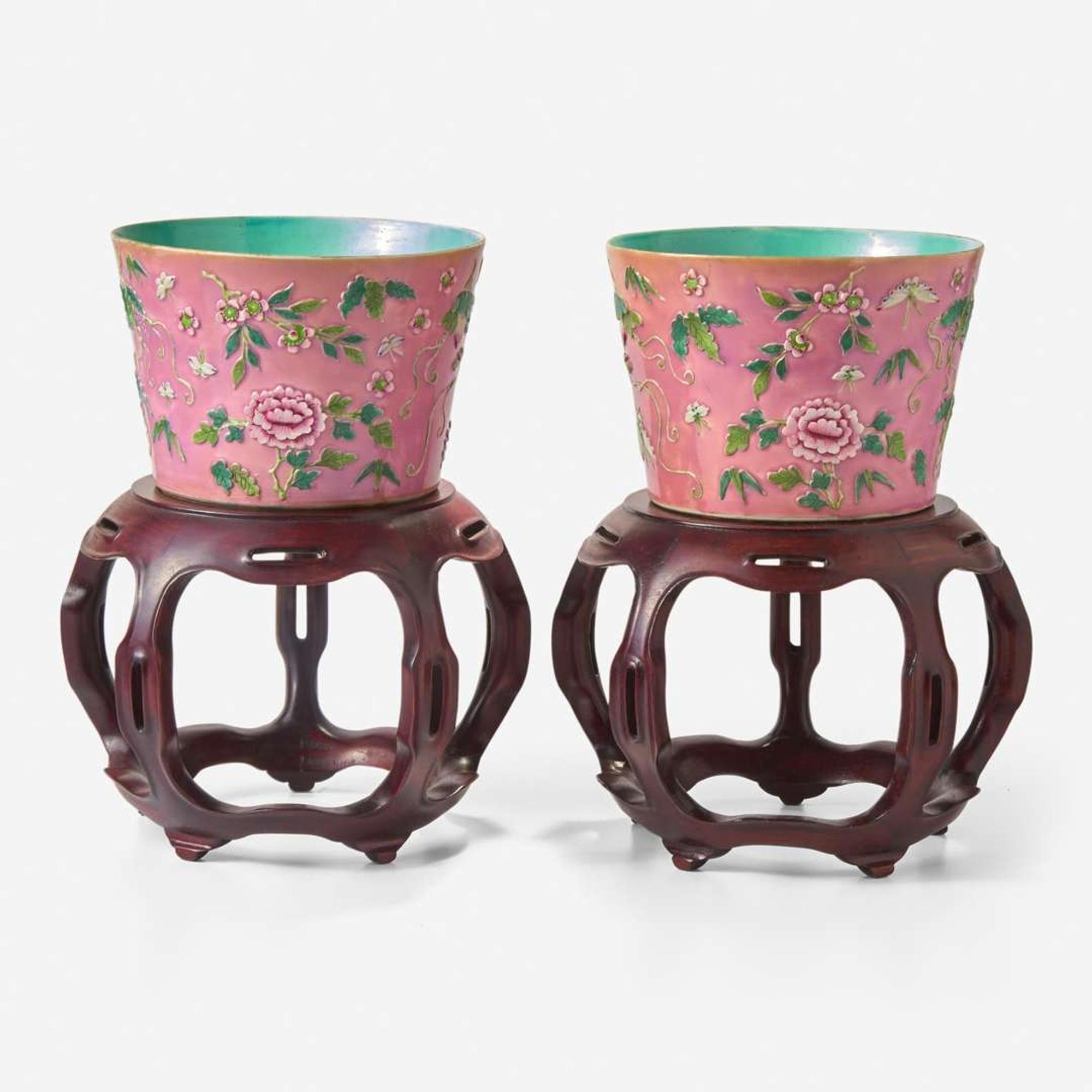 A pair of Chinese famille rose enameled relief-decorated diminutive jardinières 粉彩花盆 Unglazed six-character Qianlong seal mark in relief ?????