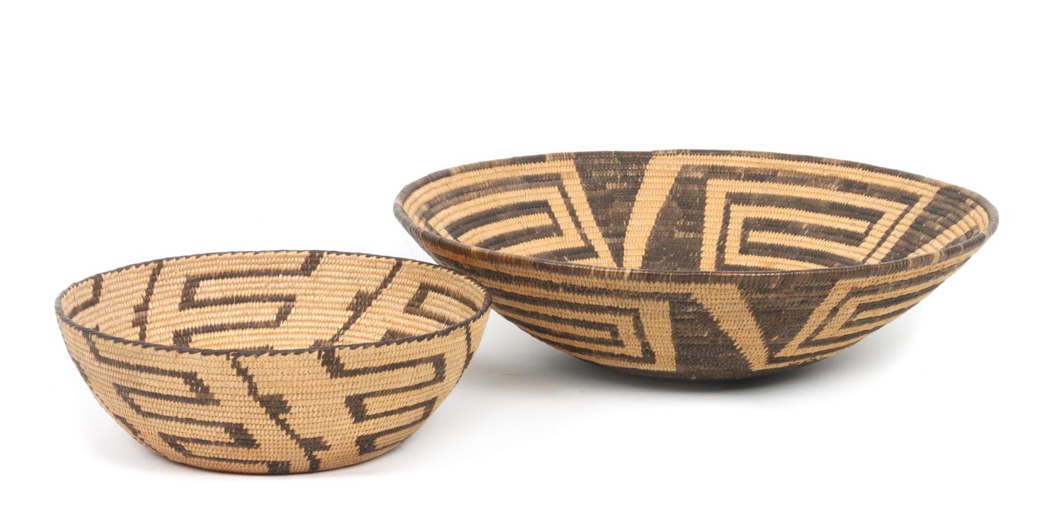 Two Pima Basket Bowls Height of larger 4 1/8 x 15 5/16 inches.