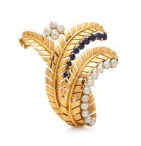 FRENCH, YELLOW GOLD, CULTURED PEARL AND SAPPHIRE BROOCH