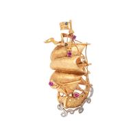 BICOLOR GOLD, DIAMOND AND GEMSTONE SHIP BROOCH