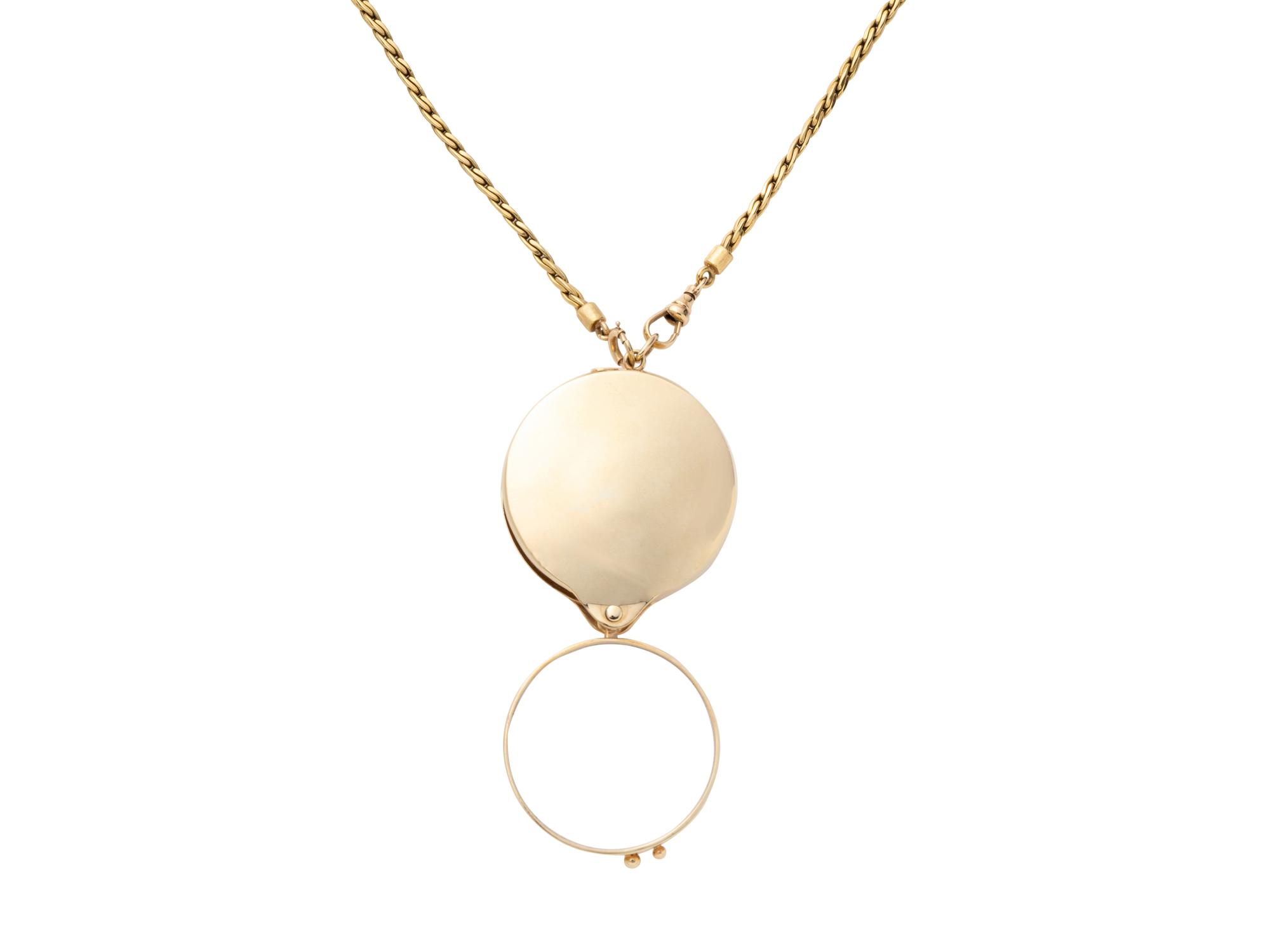 YELLOW GOLD MAGNIFYING GLASS AND FOB CHAIN