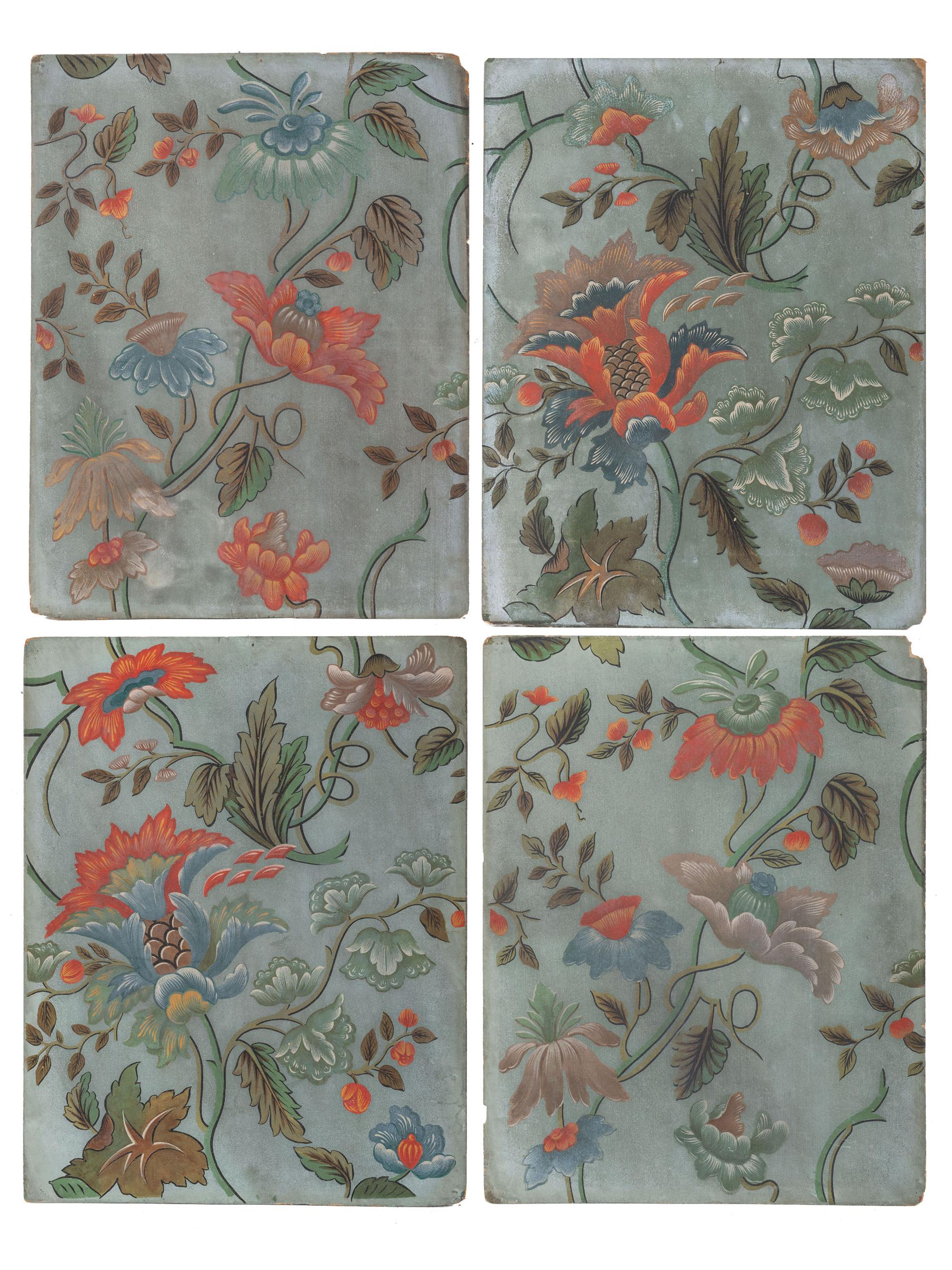 Five Continental Hand Painted Floral Wall Paper Panels