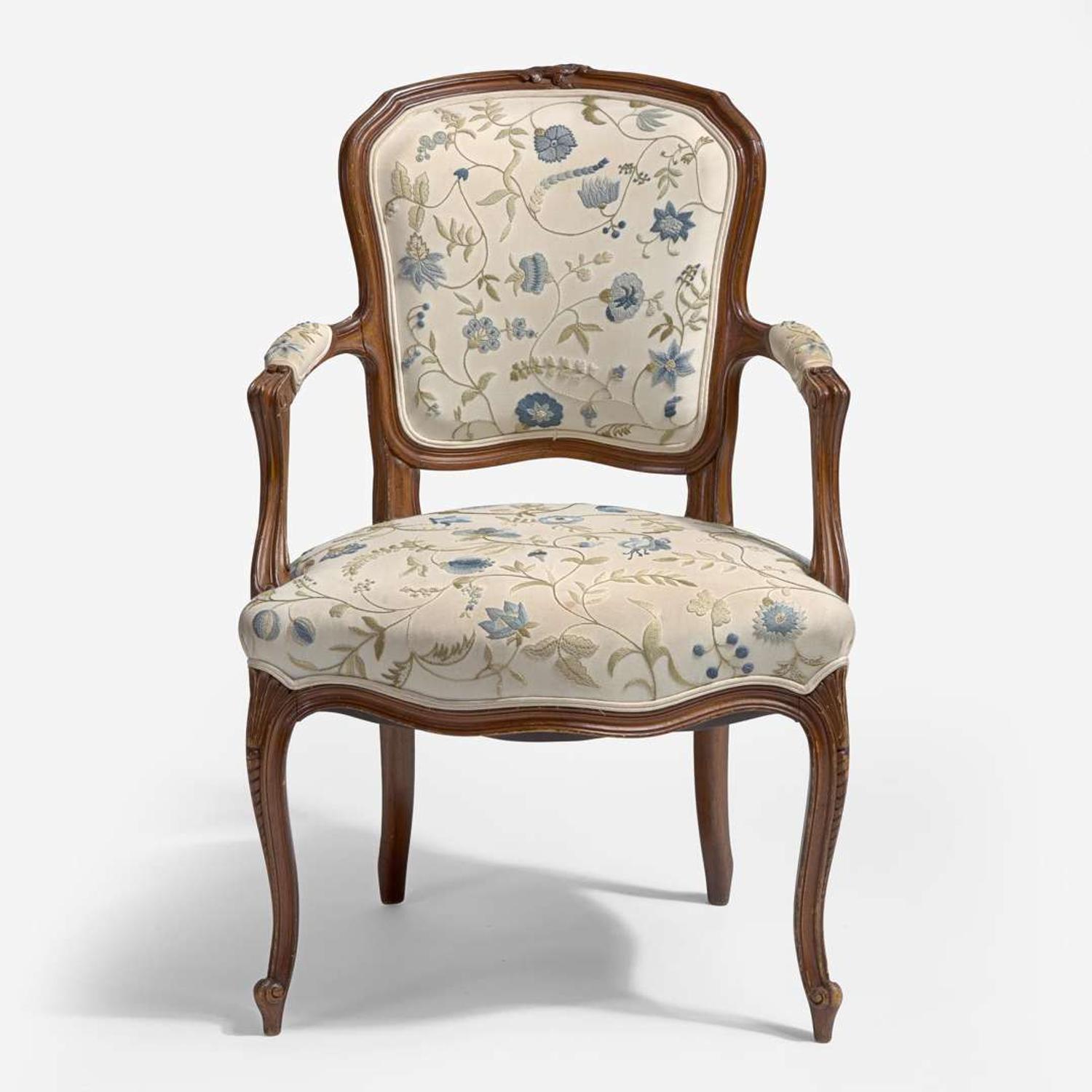 With Embroidered Upholstery by Erica Wilson (American, 1928-2011) Louis XV Style Fauteuil, USA, 20th century