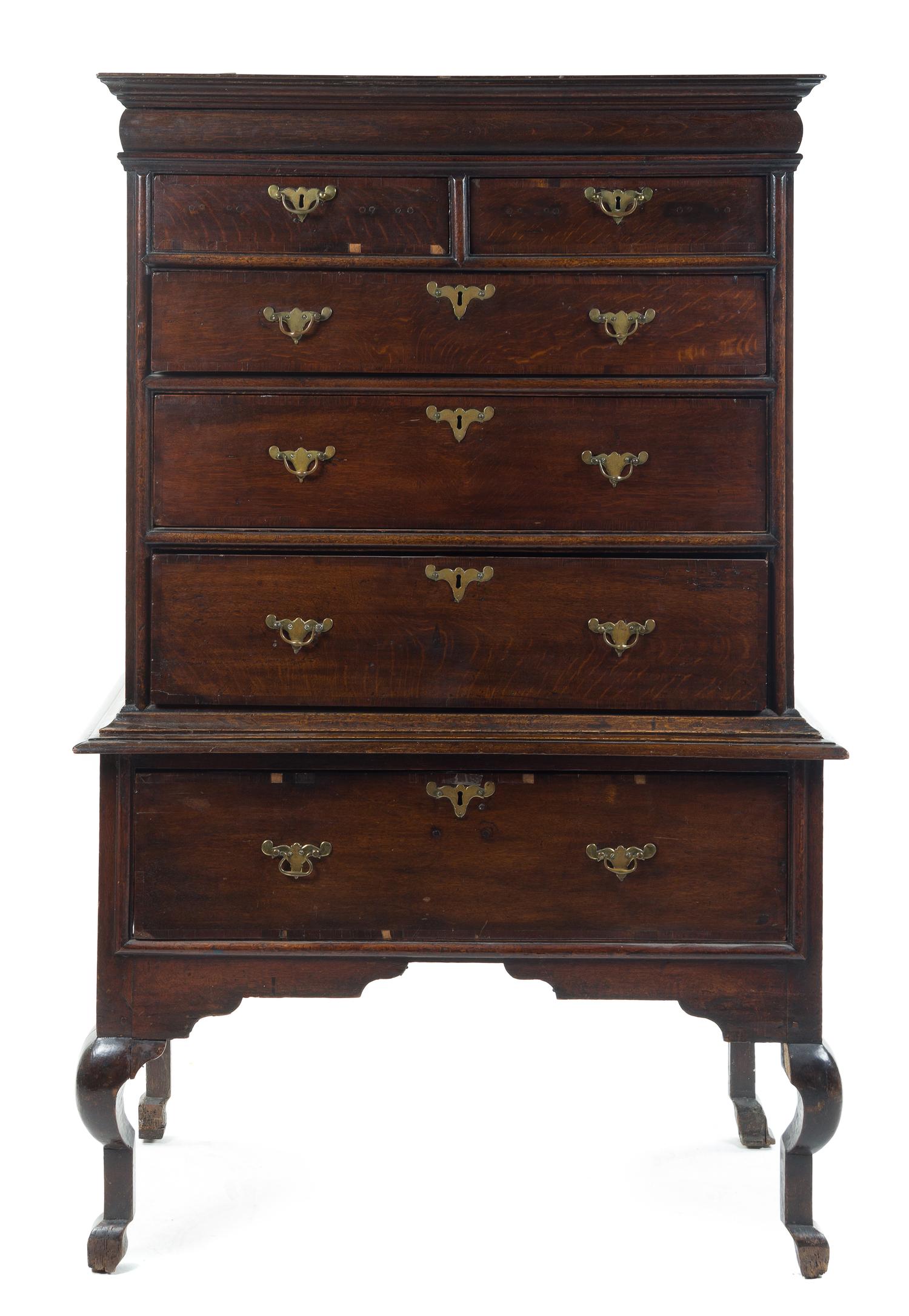 A Queen Anne Style Oak Highboy Height 69 x width 44 1/2 x depth 22 3/4 inches. — LATE 19TH CENTURY