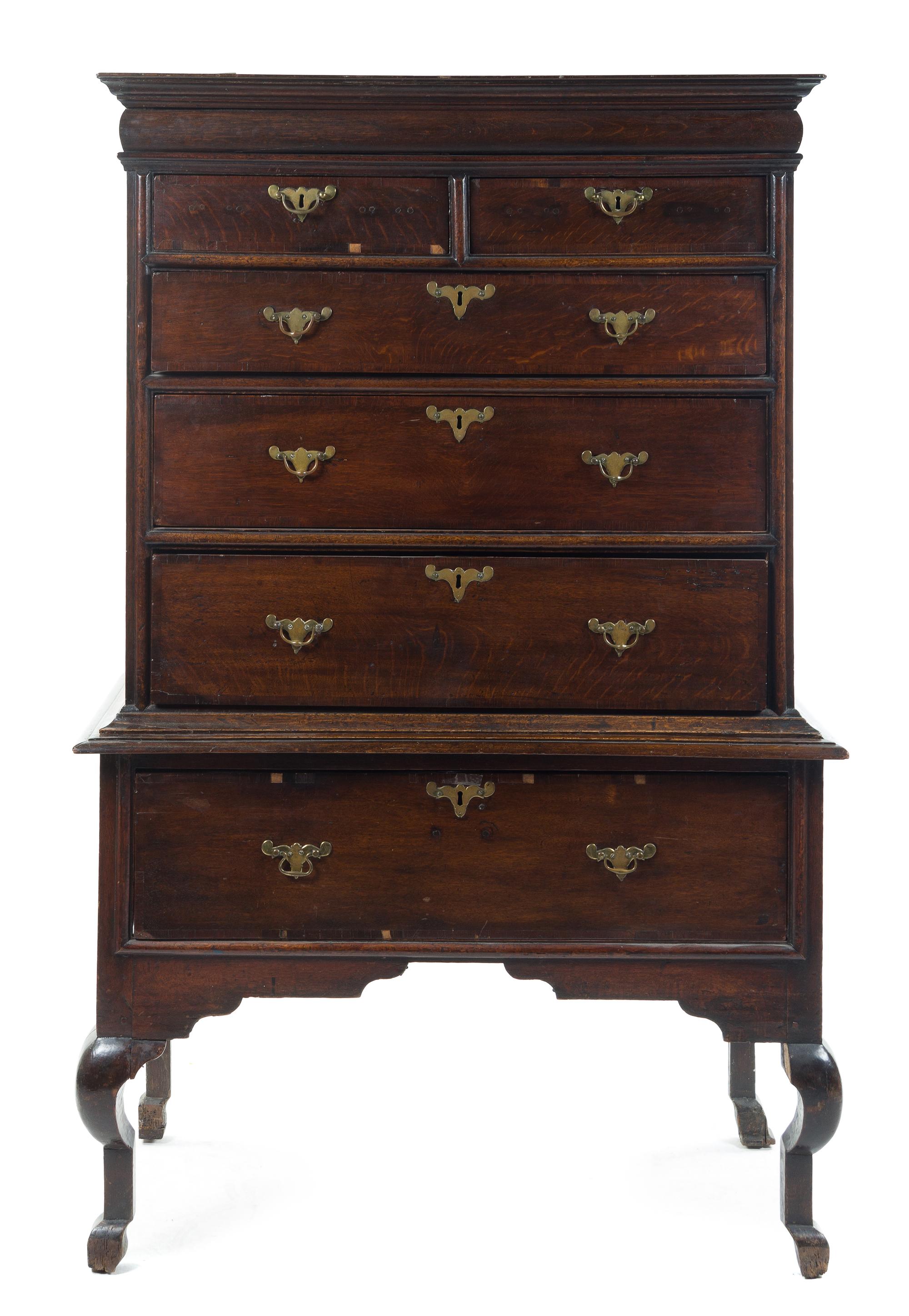 A Queen Anne Style Oak Highboy Height 69 x width 44 1/2 x depth 22 3/4 inches. — LATE 19TH CENTURY