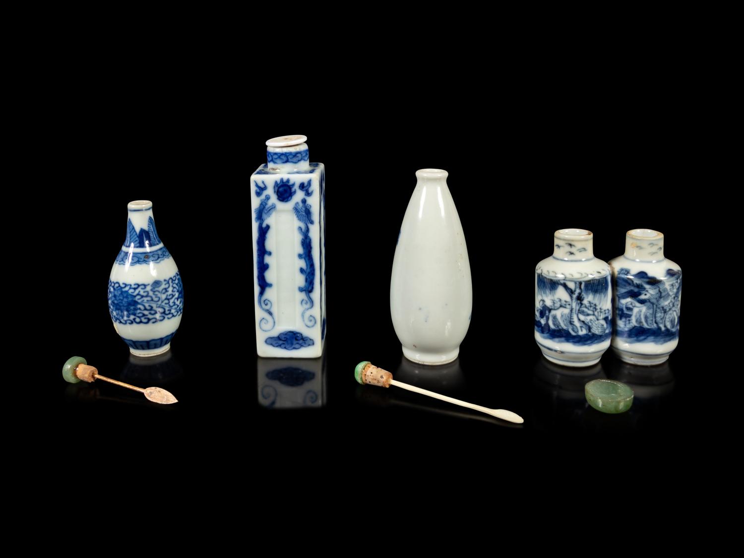 Four Chinese Blue and White Porcelain Snuff Bottles