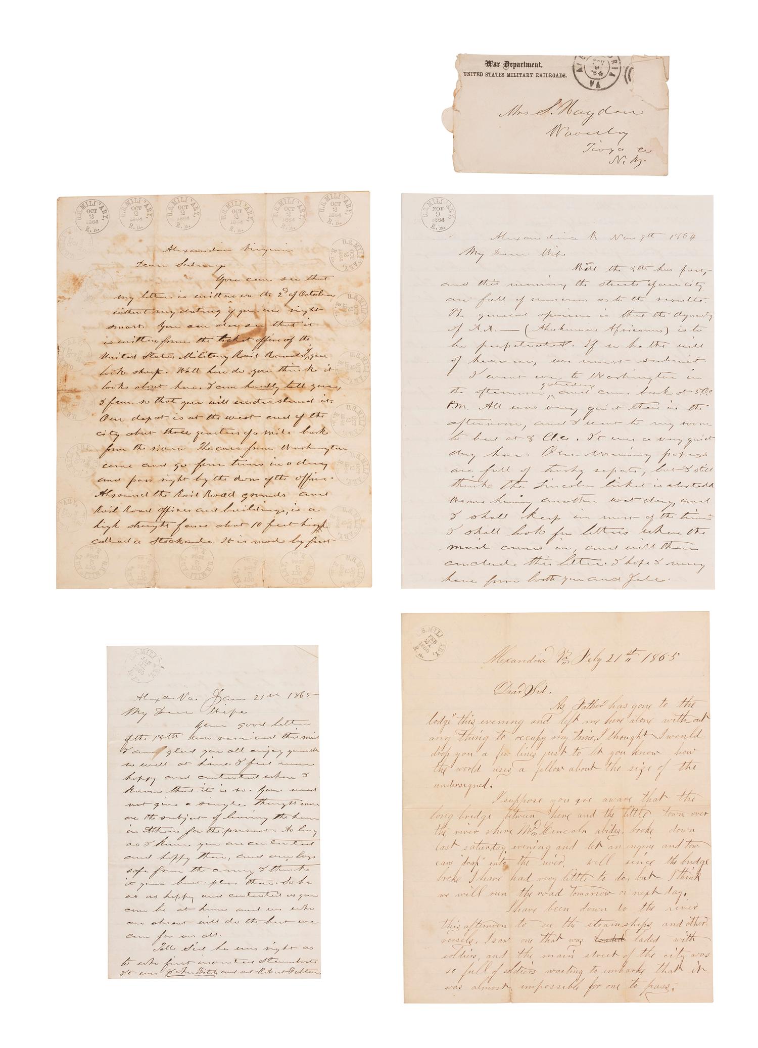 [CIVIL WAR]. War-date letters of Sidney Humphrey Hayden (1813-1890) and Albert "Bert" Hayden (1844-1918), an employee of the United States Military Railroad office in Alexandria, Virginia.