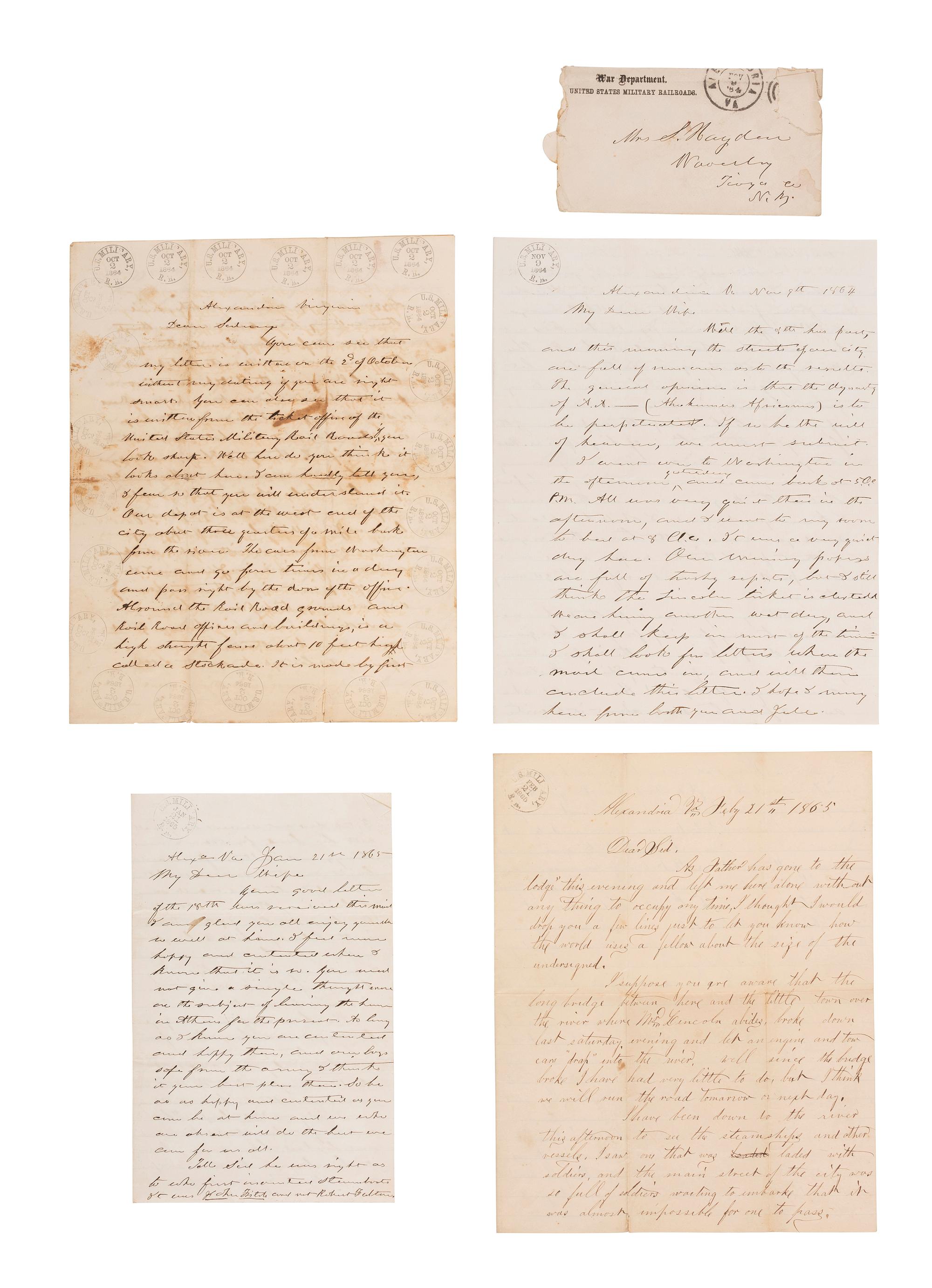 [CIVIL WAR]. War-date letters of Sidney Humphrey Hayden (1813-1890) and Albert "Bert" Hayden (1844-1918), an employee of the United States Military Railroad office in Alexandria, Virginia.