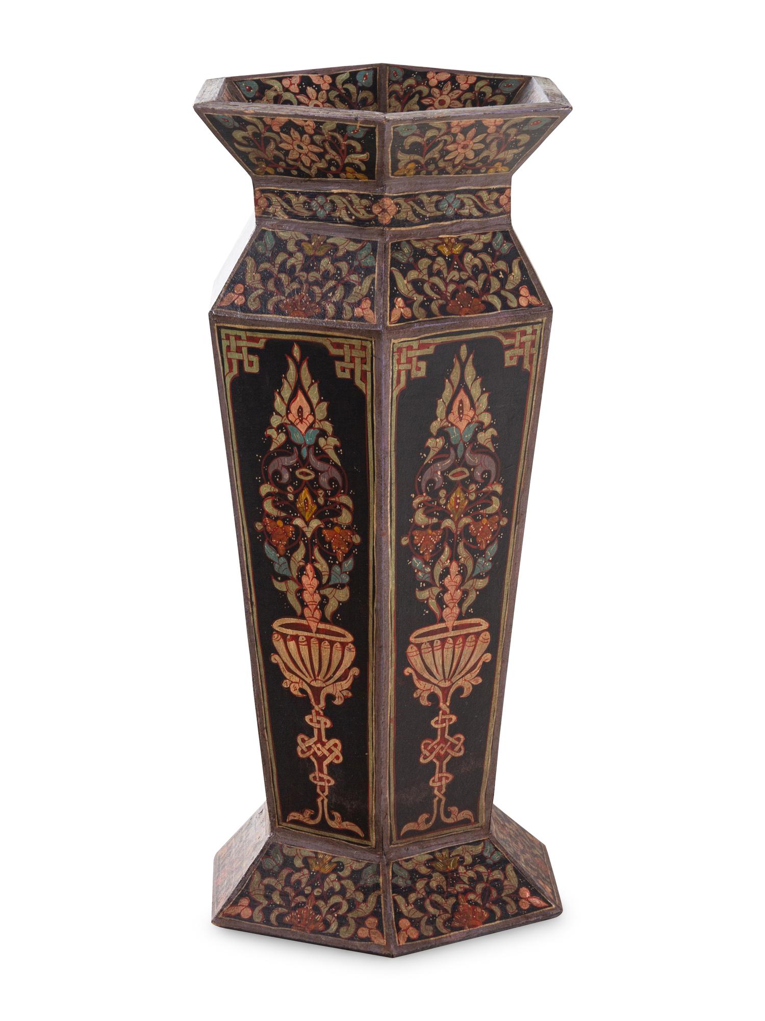 A Continental Painted Wood Hexagonal Hall Vase