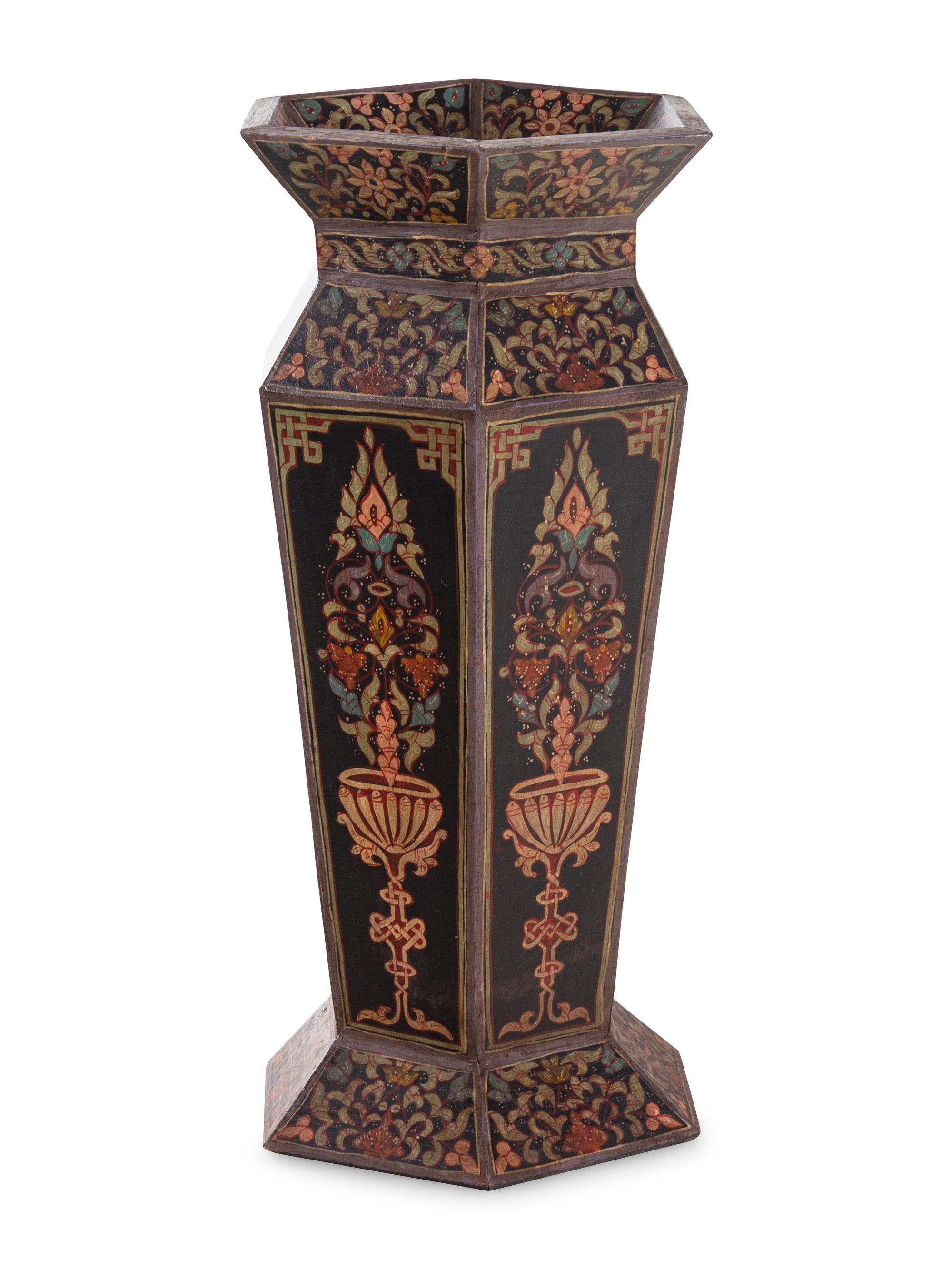 A Continental Painted Wood Hexagonal Hall Vase
