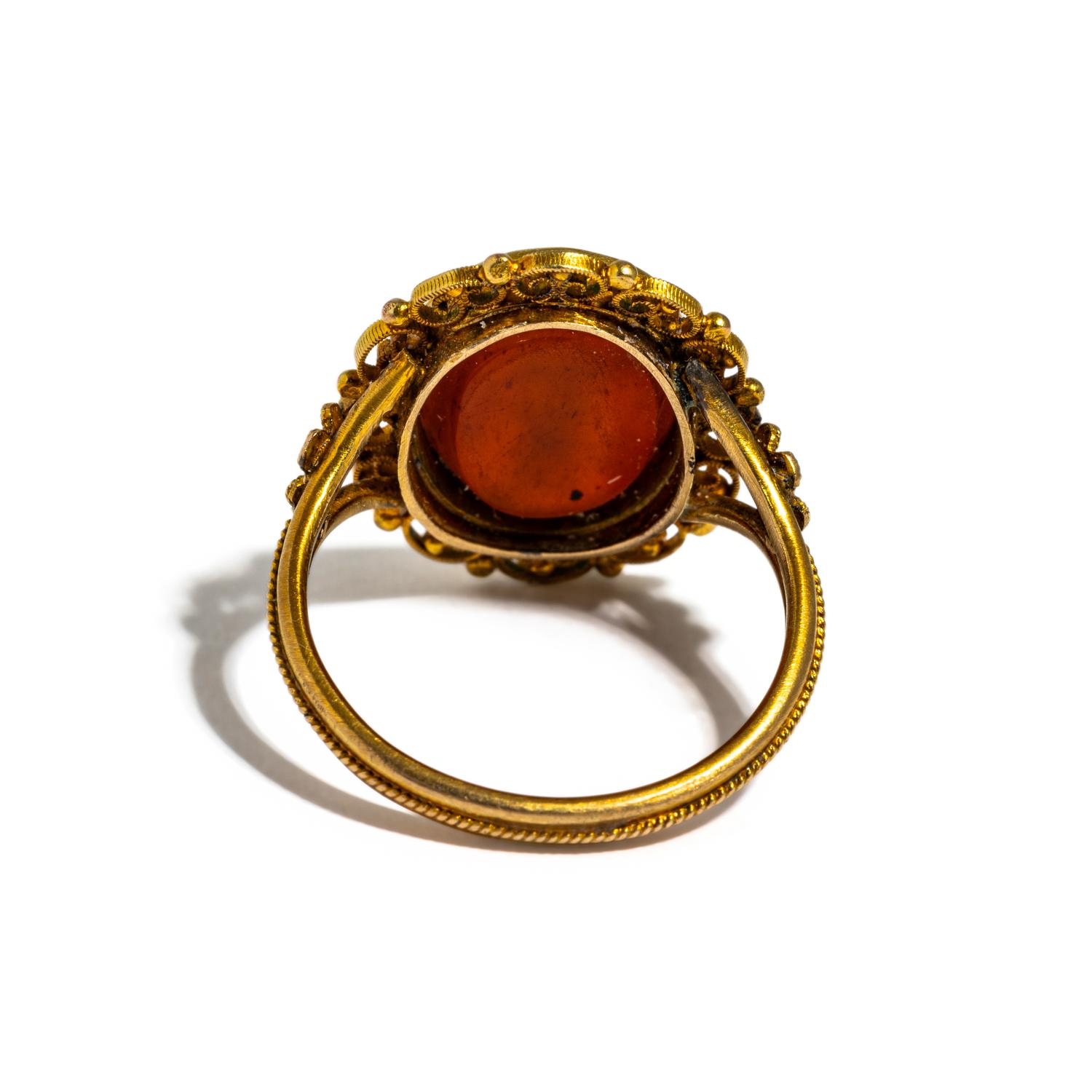 A Roman Carnelian Ring Stone with the Goddess Ceres — Set in a gold ring