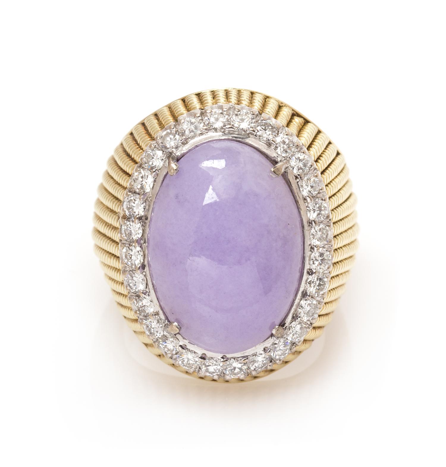 A 14 Karat Yellow Gold, Lavender Jade and Diamond Ring, 11.90 dwts.