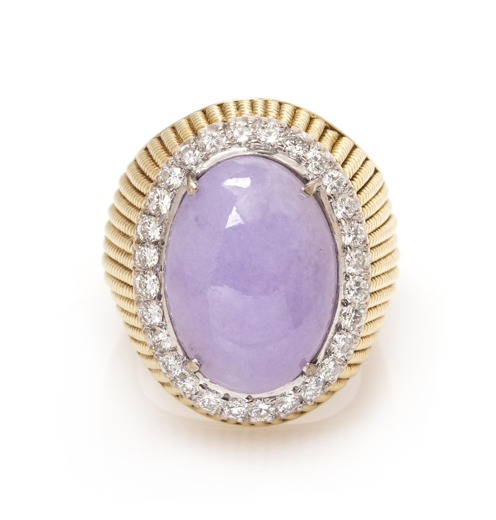 A 14 Karat Yellow Gold, Lavender Jade and Diamond Ring, 11.90 dwts.