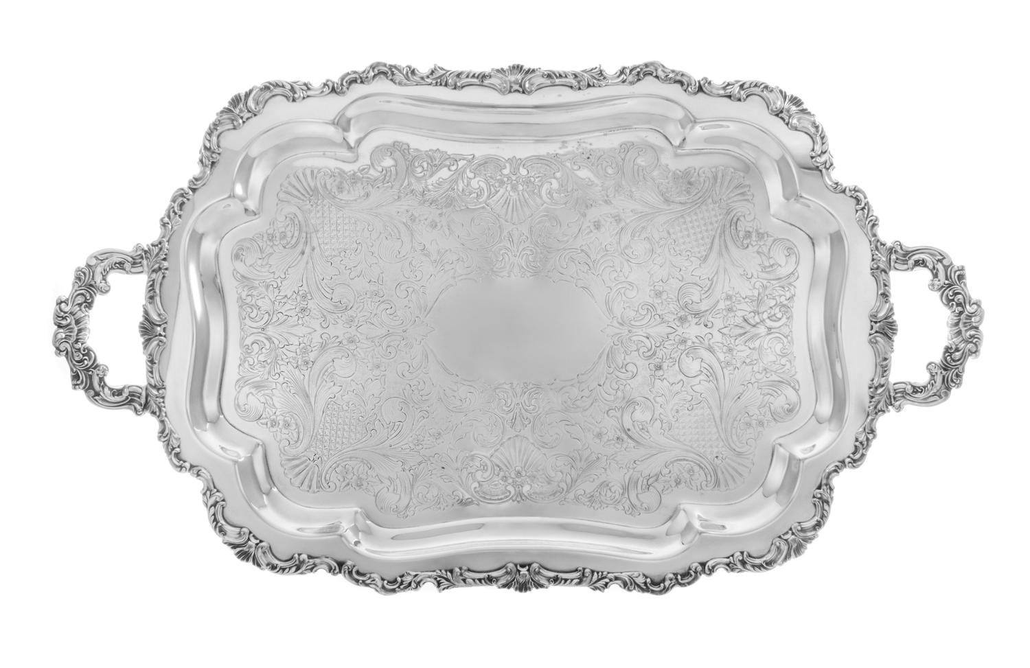 A Group of Three Silver-Plate Serving Trays, Various Markers, each of shaped handled form, comprising an example in the Ascot pattern,