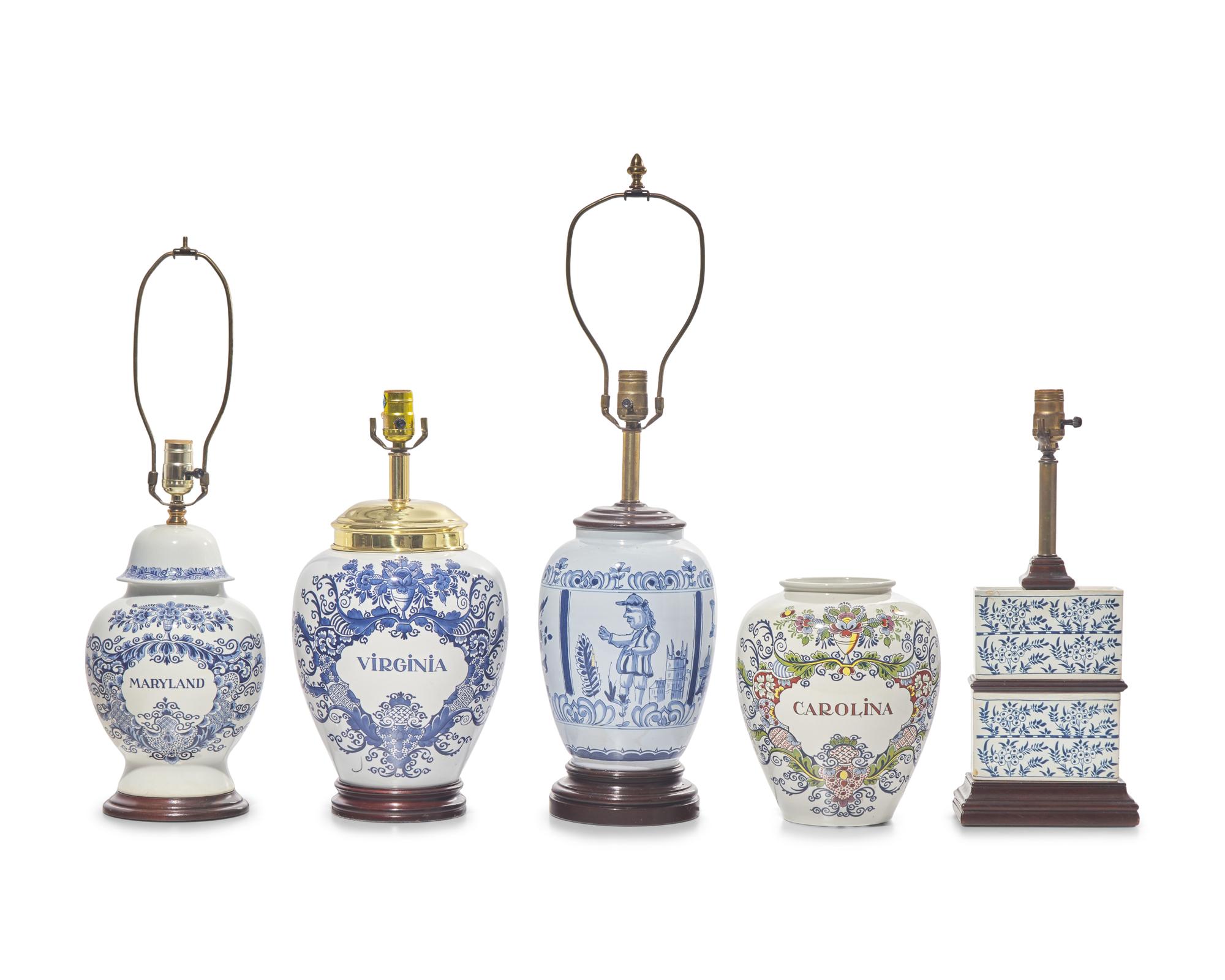 A Group of Five Delft Style Williamsburg Porcelain Tobacco Jars and Flower Bricks