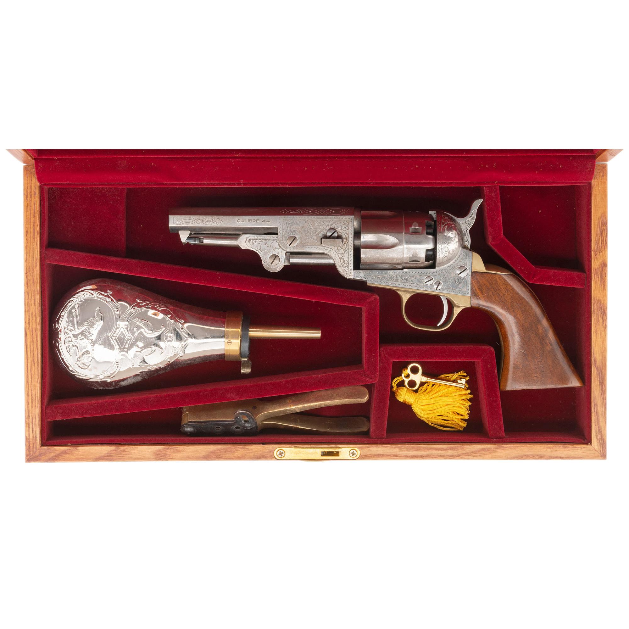 Cased Italian Reproduction Engraved Colt Type Percussion Revolver with Accessories