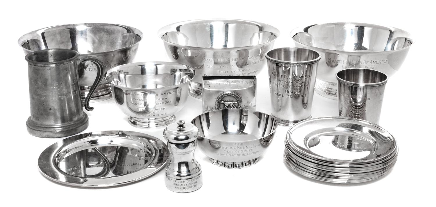 Thirteen American Silver Mastiff Trophy Articles, Various Makers including Reed & Barton and Gorham Mfg. Co., together with nine silver