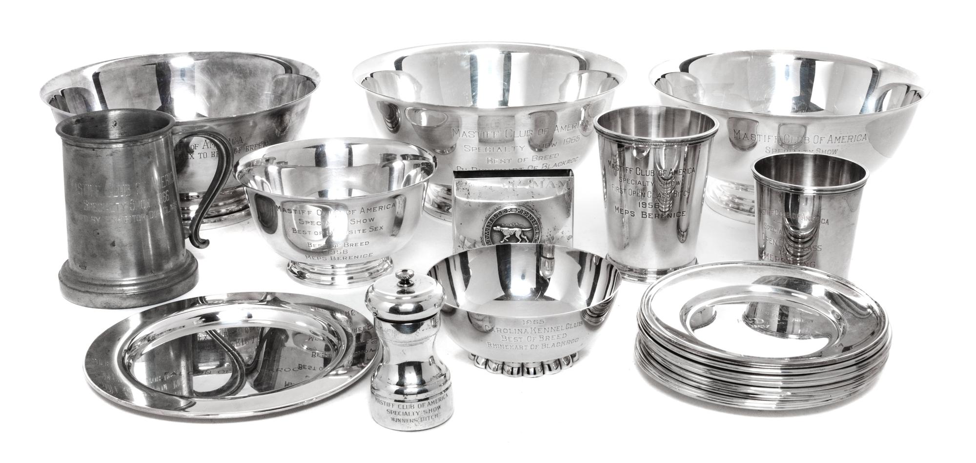 Thirteen American Silver Mastiff Trophy Articles, Various Makers including Reed & Barton and Gorham Mfg. Co., together with nine silver