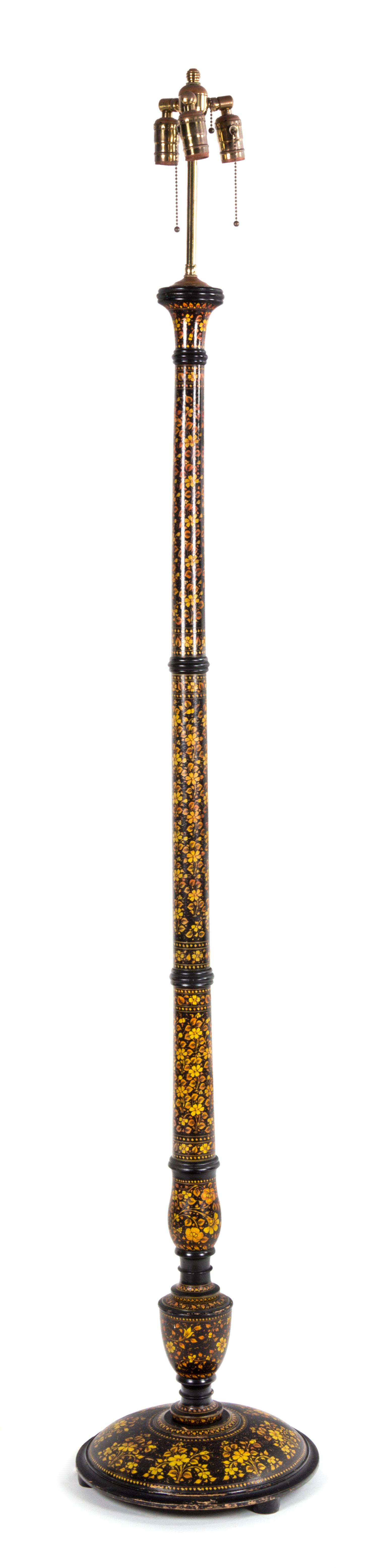 A Polychrome-Decorated and Ebonized Carved Wooden Floor Lamp Height 74 inches. — 20TH CENTURY