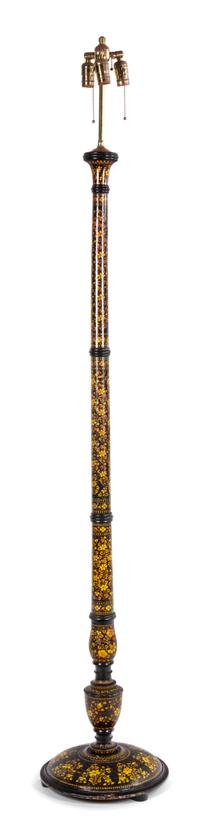 A Polychrome-Decorated and Ebonized Carved Wooden Floor Lamp Height 74 inches. — 20TH CENTURY