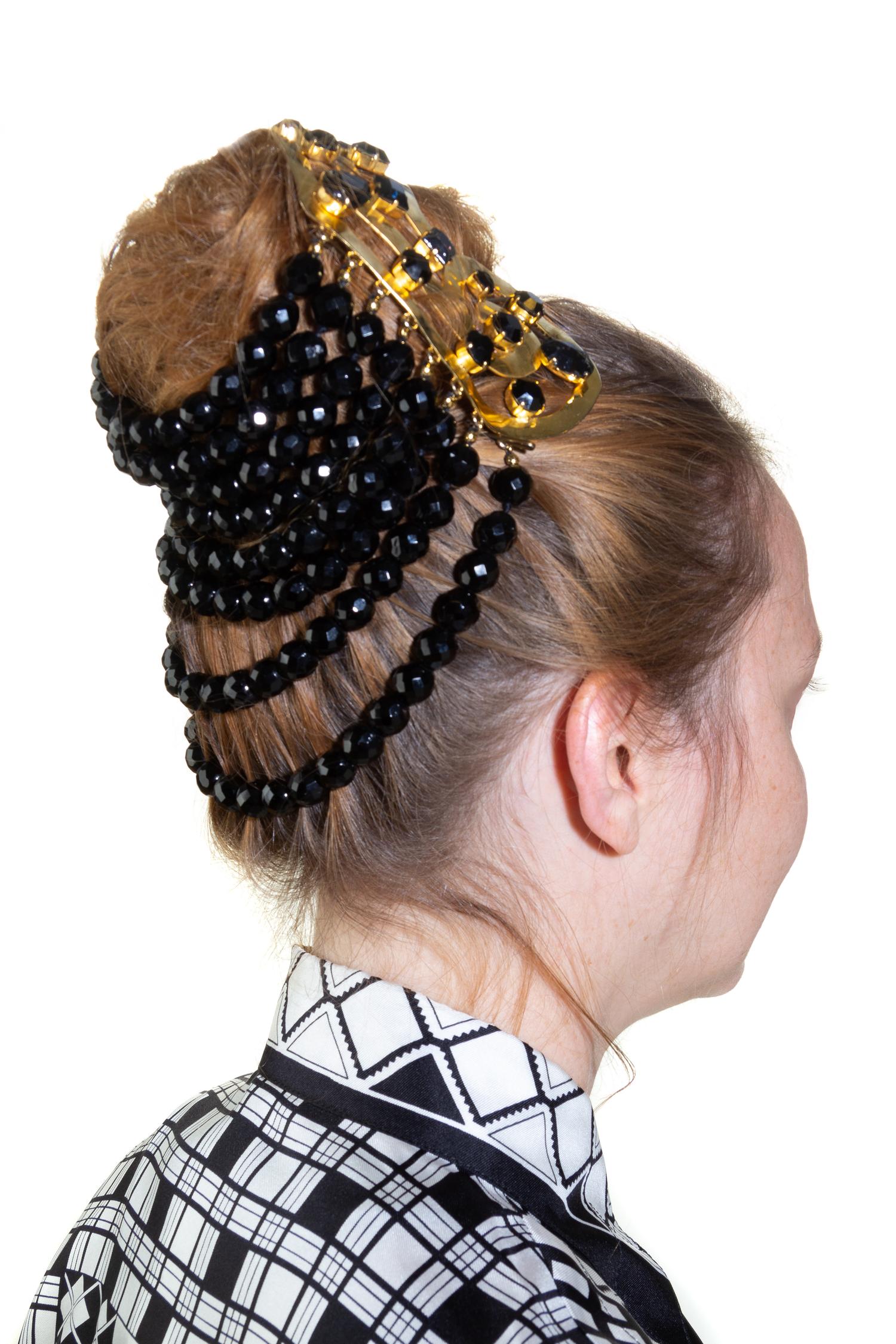 A Gianni Versace Runway Hair Ornament and Matching Earclips, Hair cuff: 7" x 1.75"- 4.25"; Bead Drop: 6".