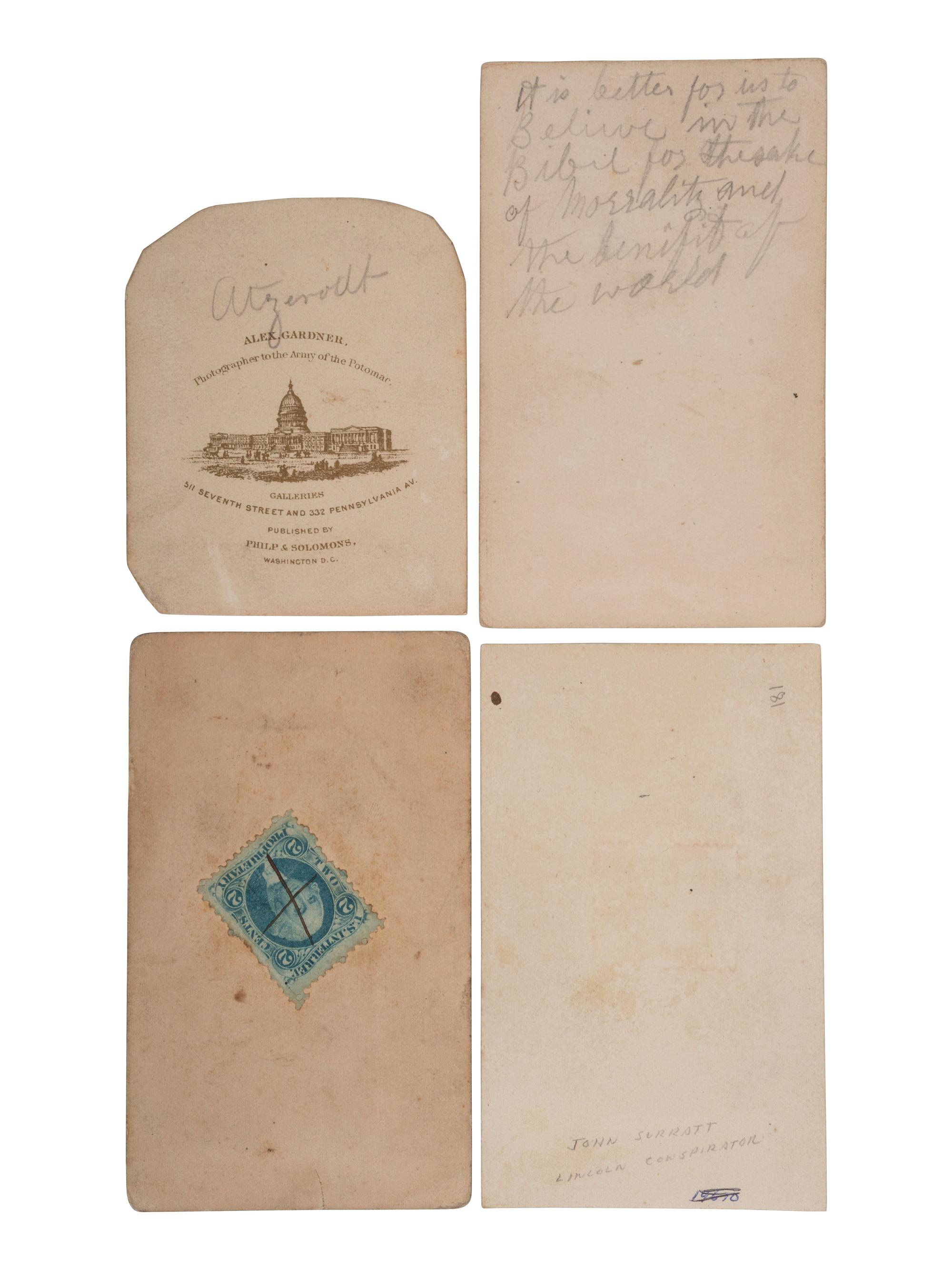[LINCOLN ASSASSINATION]. A group of 4 CDVs of Lincoln conspirators, incl. Surratt, Spangler, and Atzerodt.