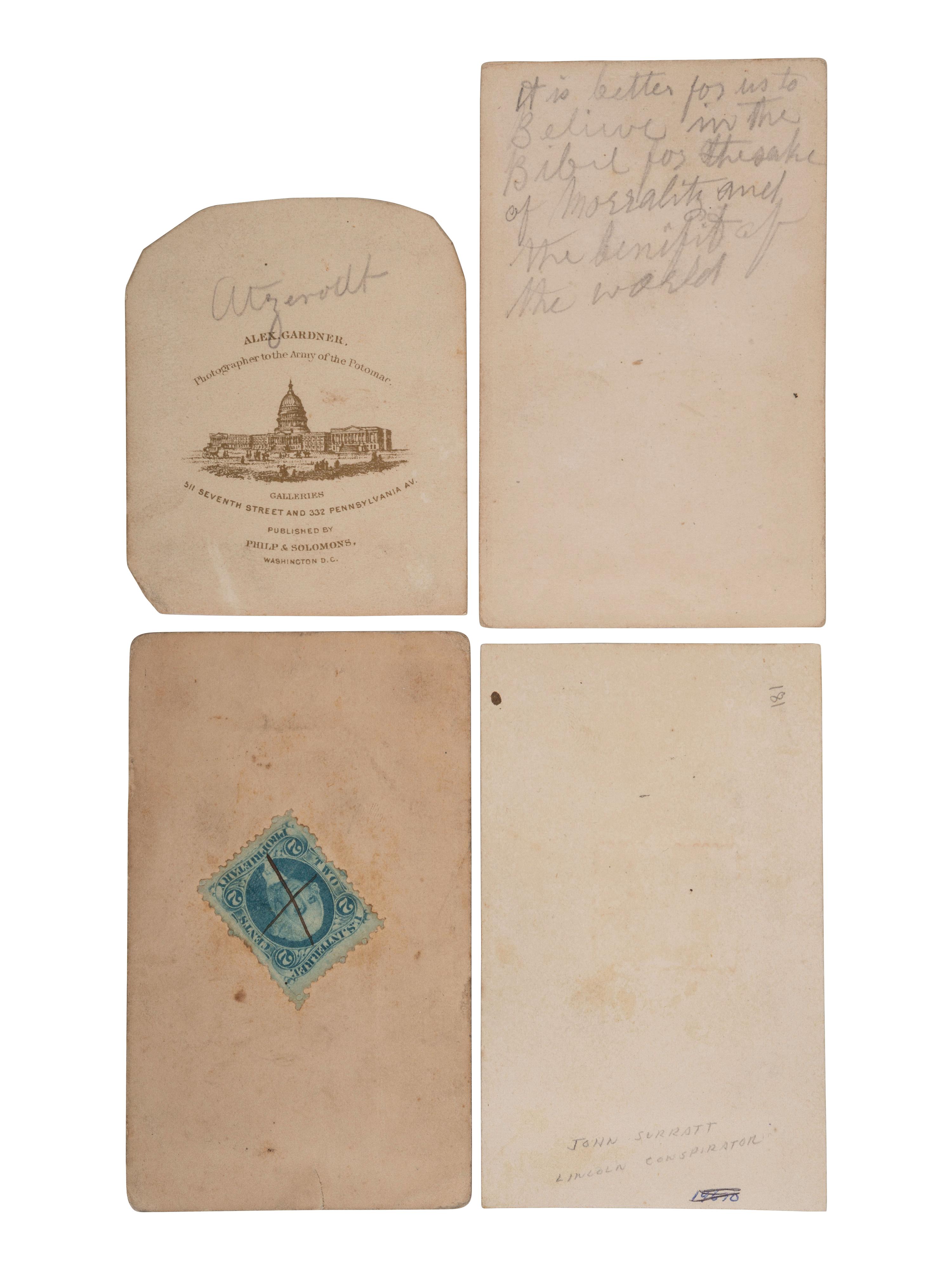 [LINCOLN ASSASSINATION]. A group of 4 CDVs of Lincoln conspirators, incl. Surratt, Spangler, and Atzerodt.