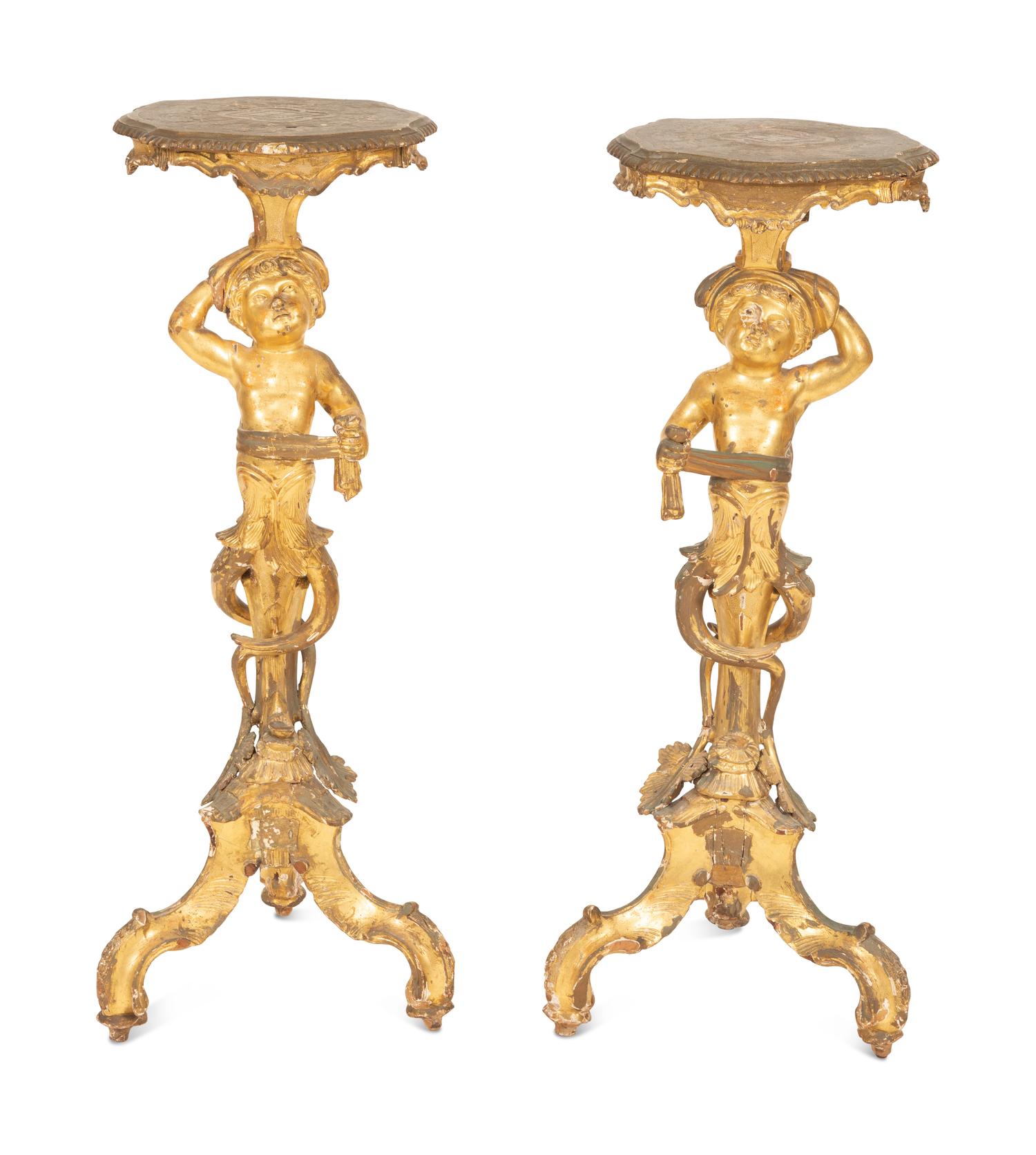 A Pair of Italian Giltwood Putto Base Side Tables