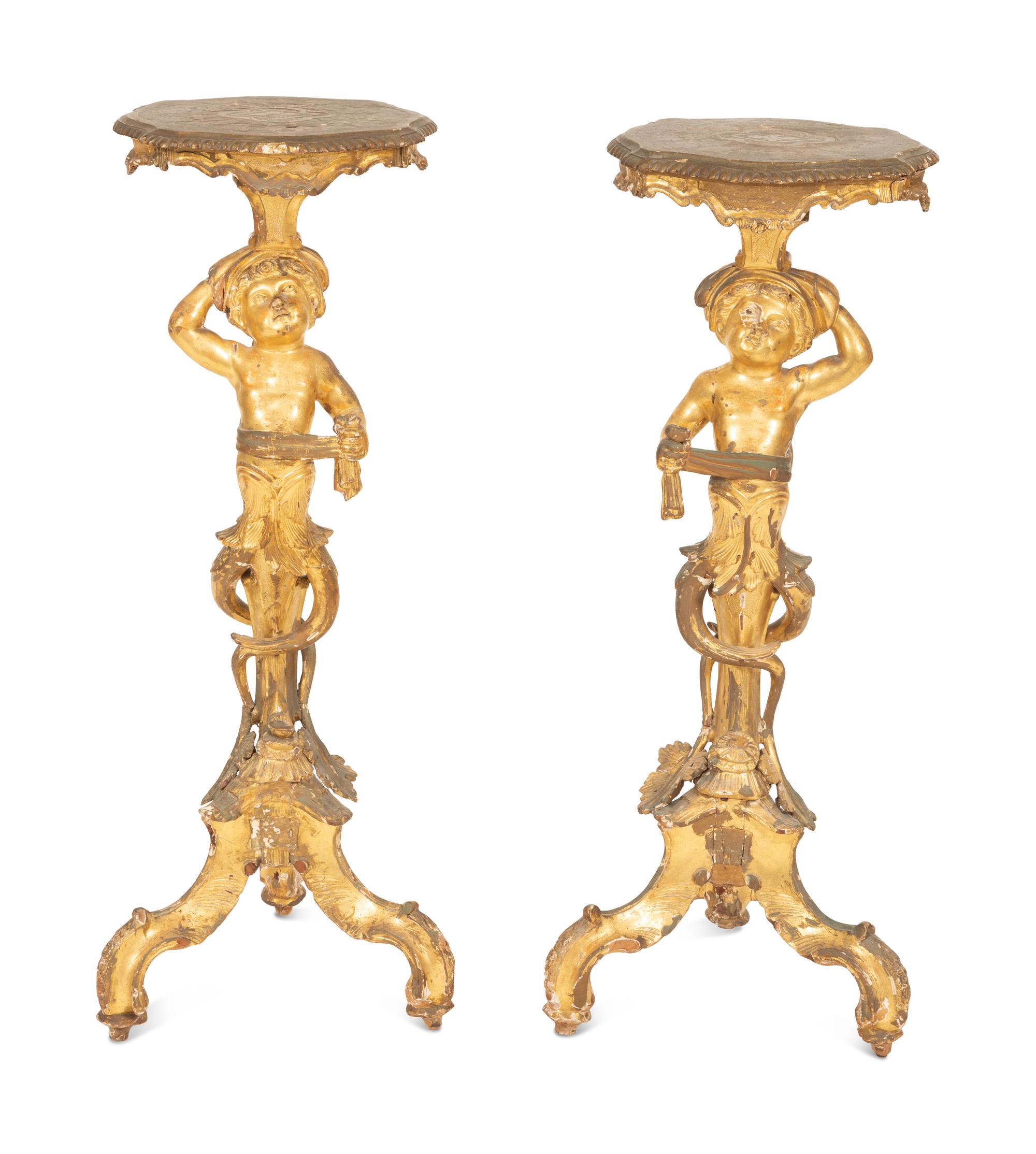 A Pair of Italian Giltwood Putto Base Side Tables