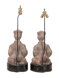 A Pair of Chinese Terra Cotta Figural Lamps