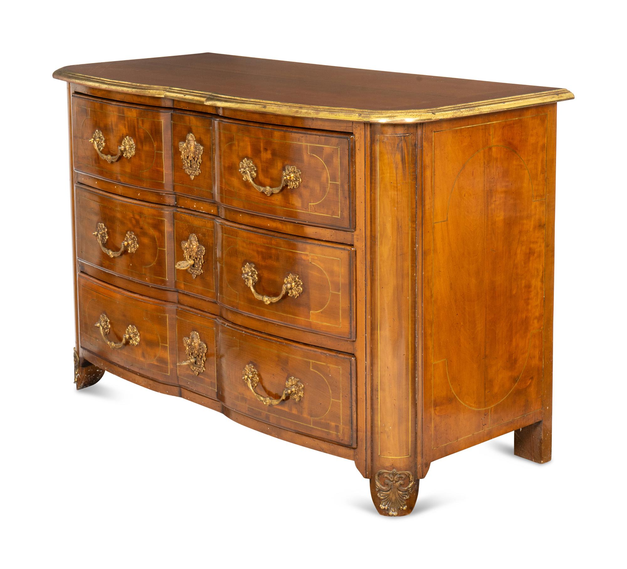 A Louis XIV Style Brass Inlaid Walnut and Gilt Bronze Mounted Commode