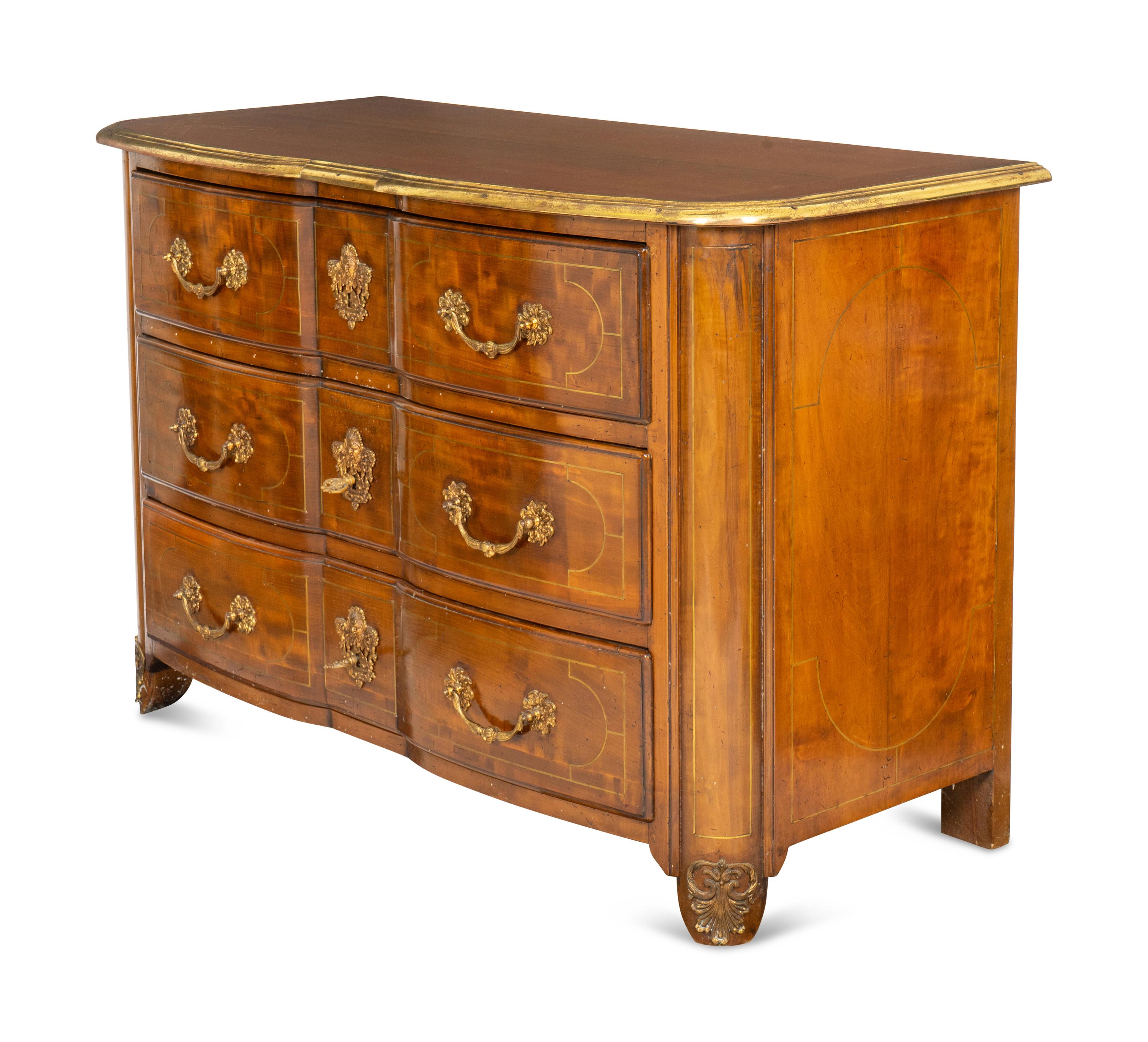 A Louis XIV Style Brass Inlaid Walnut and Gilt Bronze Mounted Commode