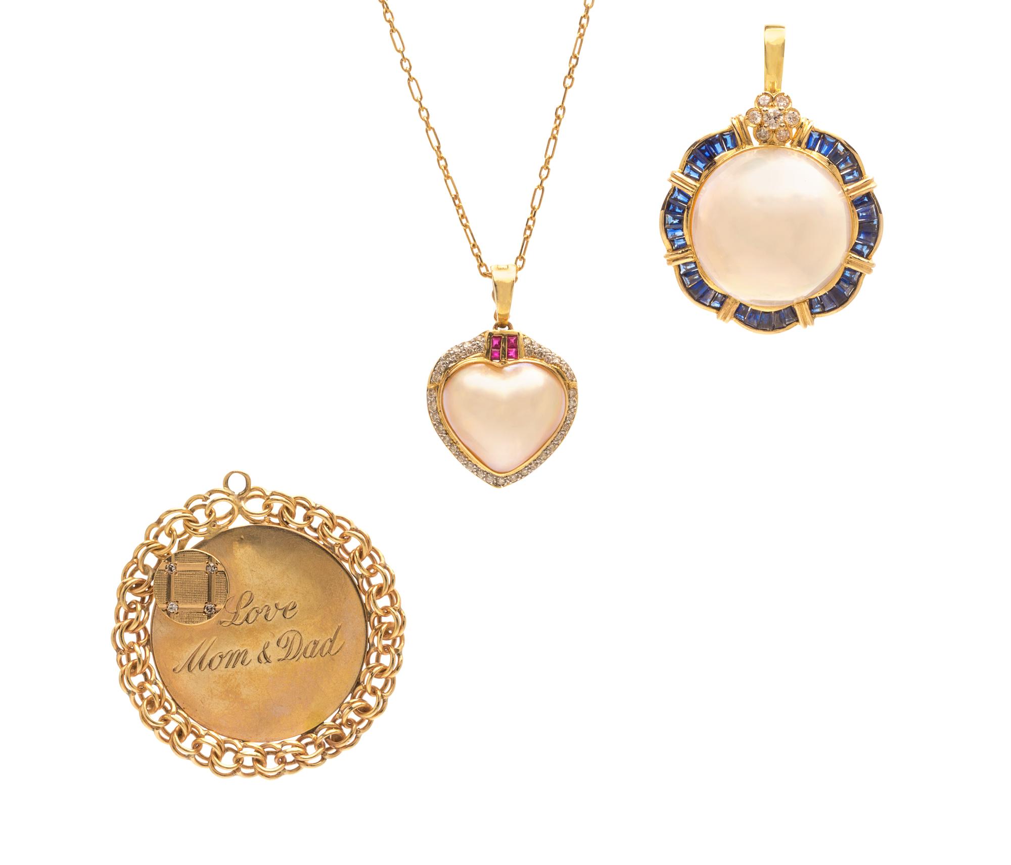A Collection of 14 Karat Yellow Gold, Mabe Pearl, Diamond and Multi Gemstone Jewelry, 29.40 dwts.