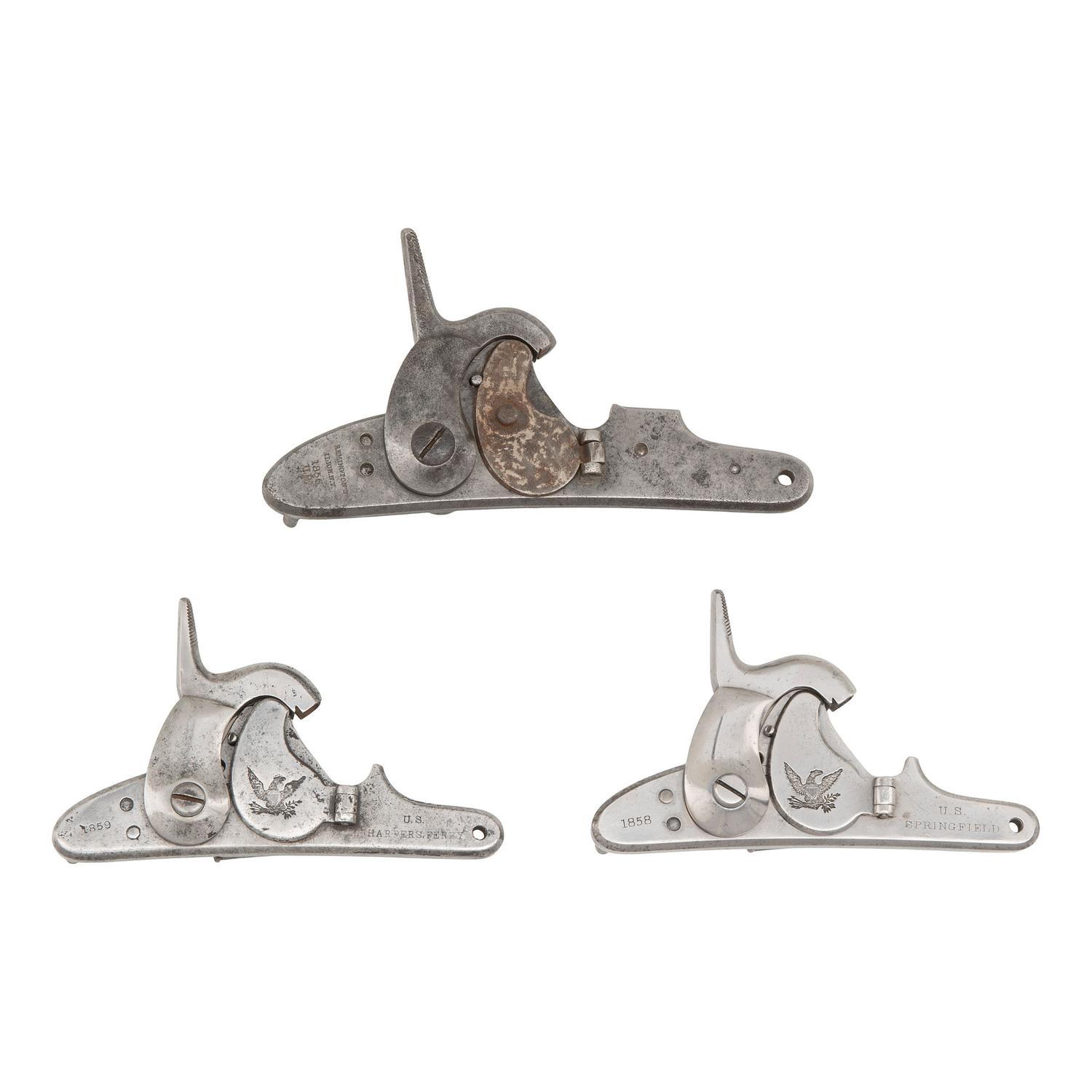 Three US Maynard Tape Priming Locks: (1) Remington/Frankford Arsenal, (1) Springfield M1855 and (1) Harpers Ferry M1855