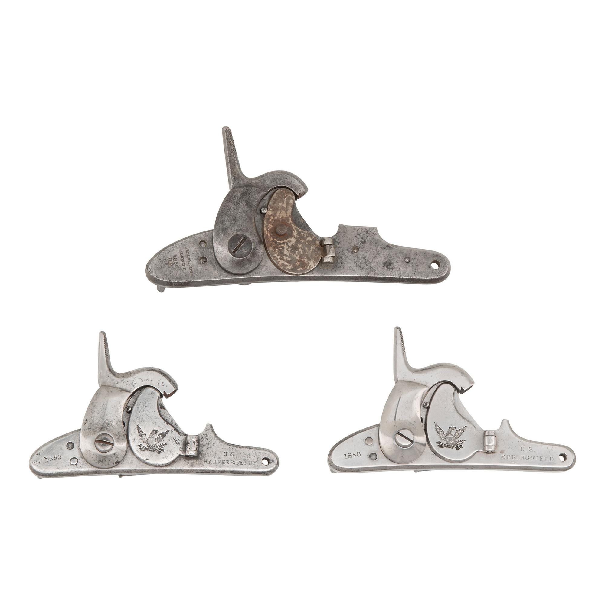 Three US Maynard Tape Priming Locks: (1) Remington/Frankford Arsenal, (1) Springfield M1855 and (1) Harpers Ferry M1855