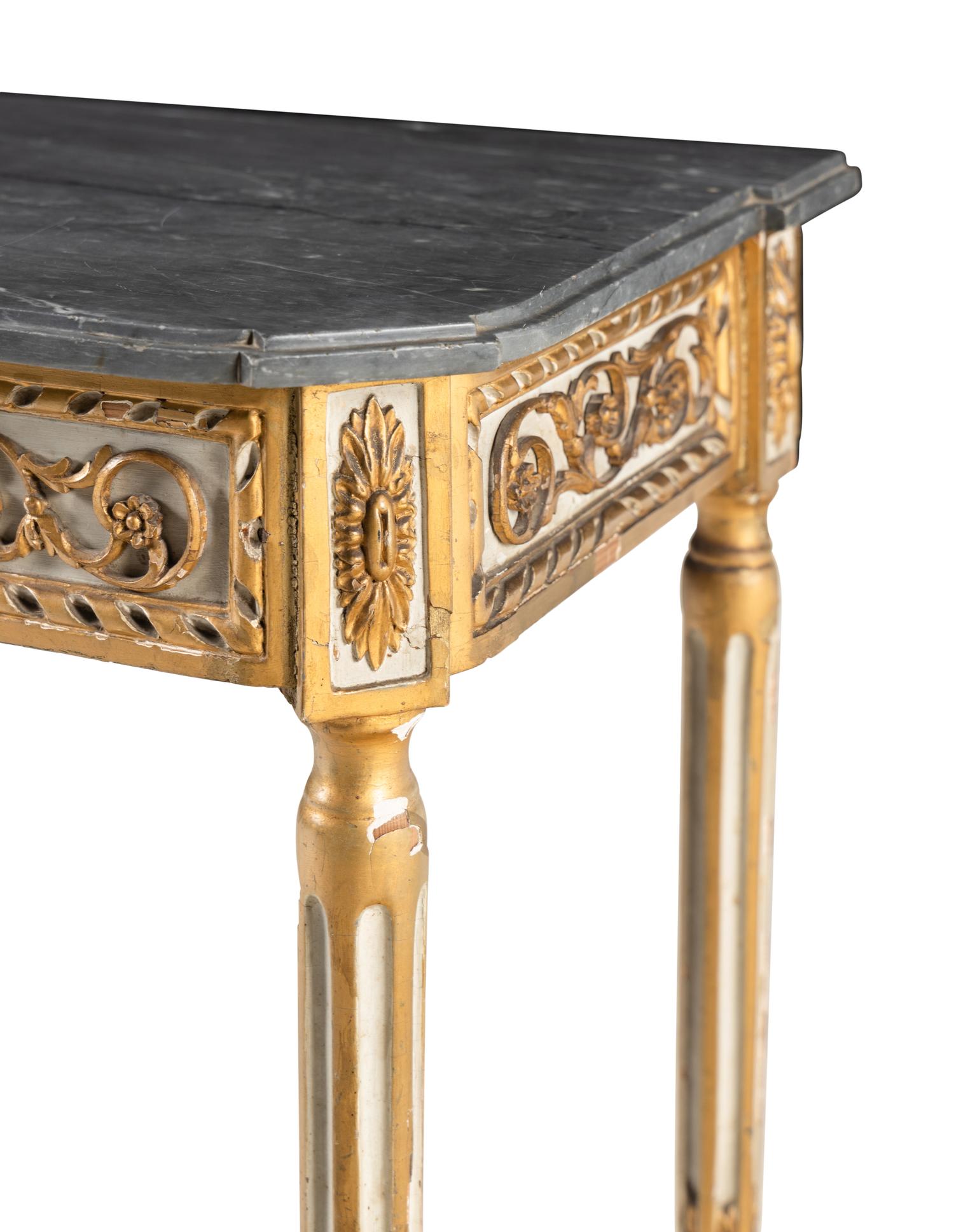 A Louis XVI Style Painted and Parcel Gilt Marble-Top Console Table