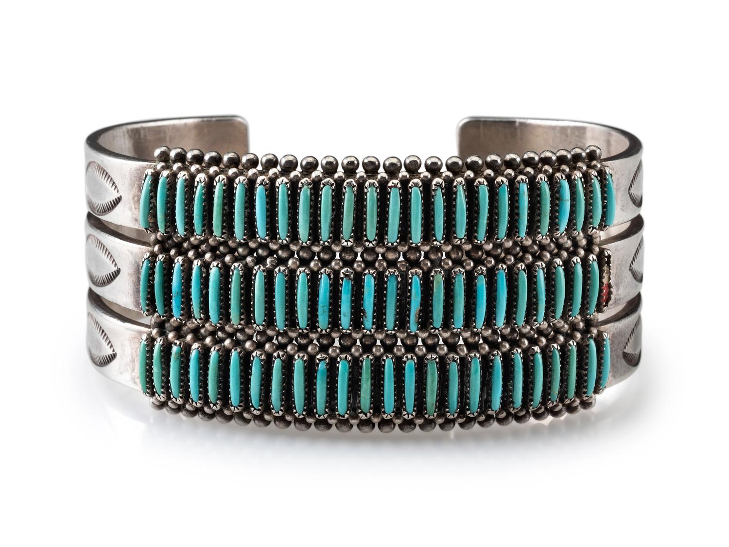 Navajo or Zuni Stamped Silver Cuff Bracelet, with Needle Point Turquoise