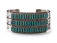 Navajo or Zuni Stamped Silver Cuff Bracelet, with Needle Point Turquoise