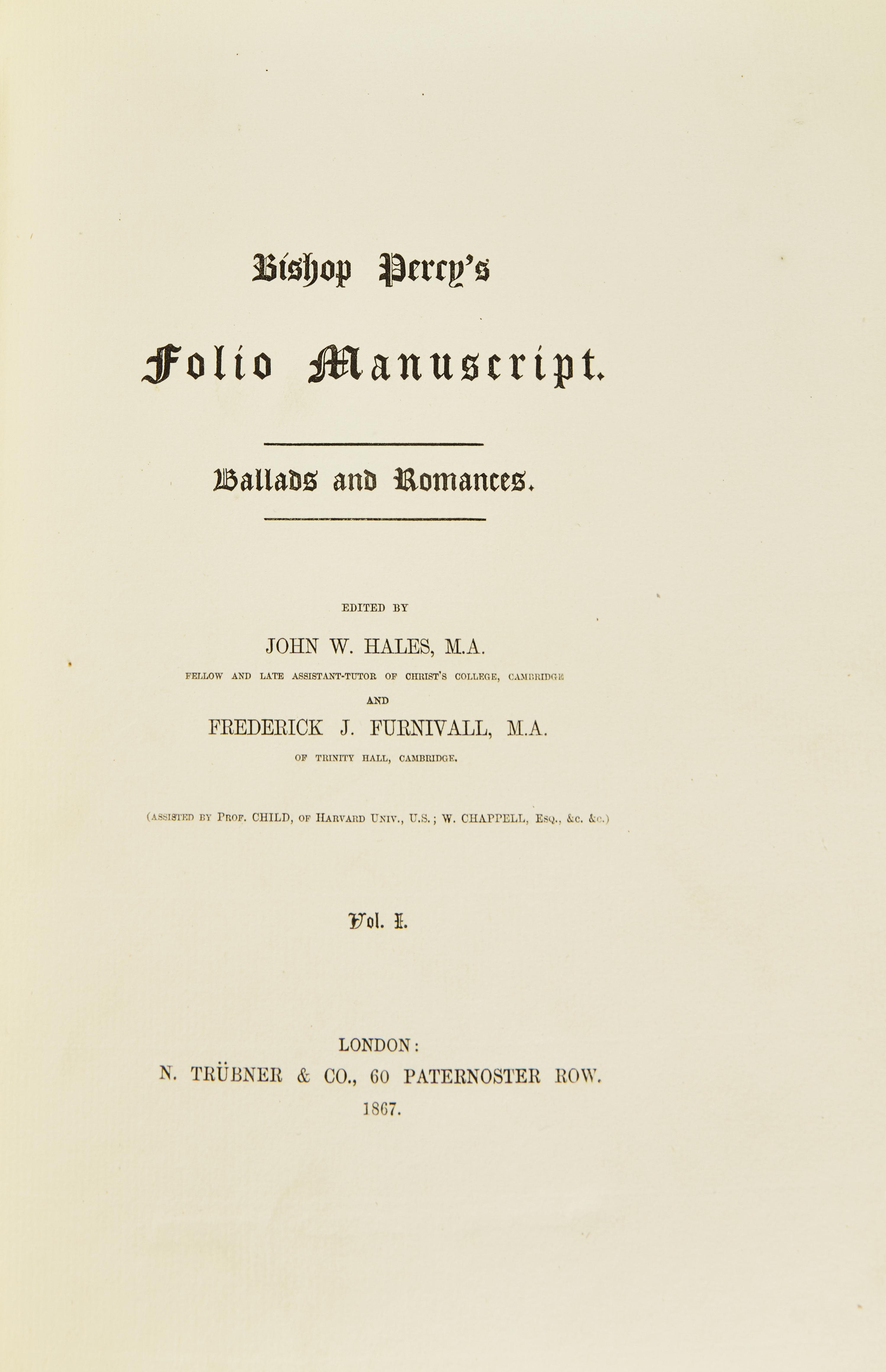 [Fine Bindings] [Percy, Bishop Thomas] Hales, John W., and Frederick J. Furnivall. Bishop Percy's Folio Manuscript