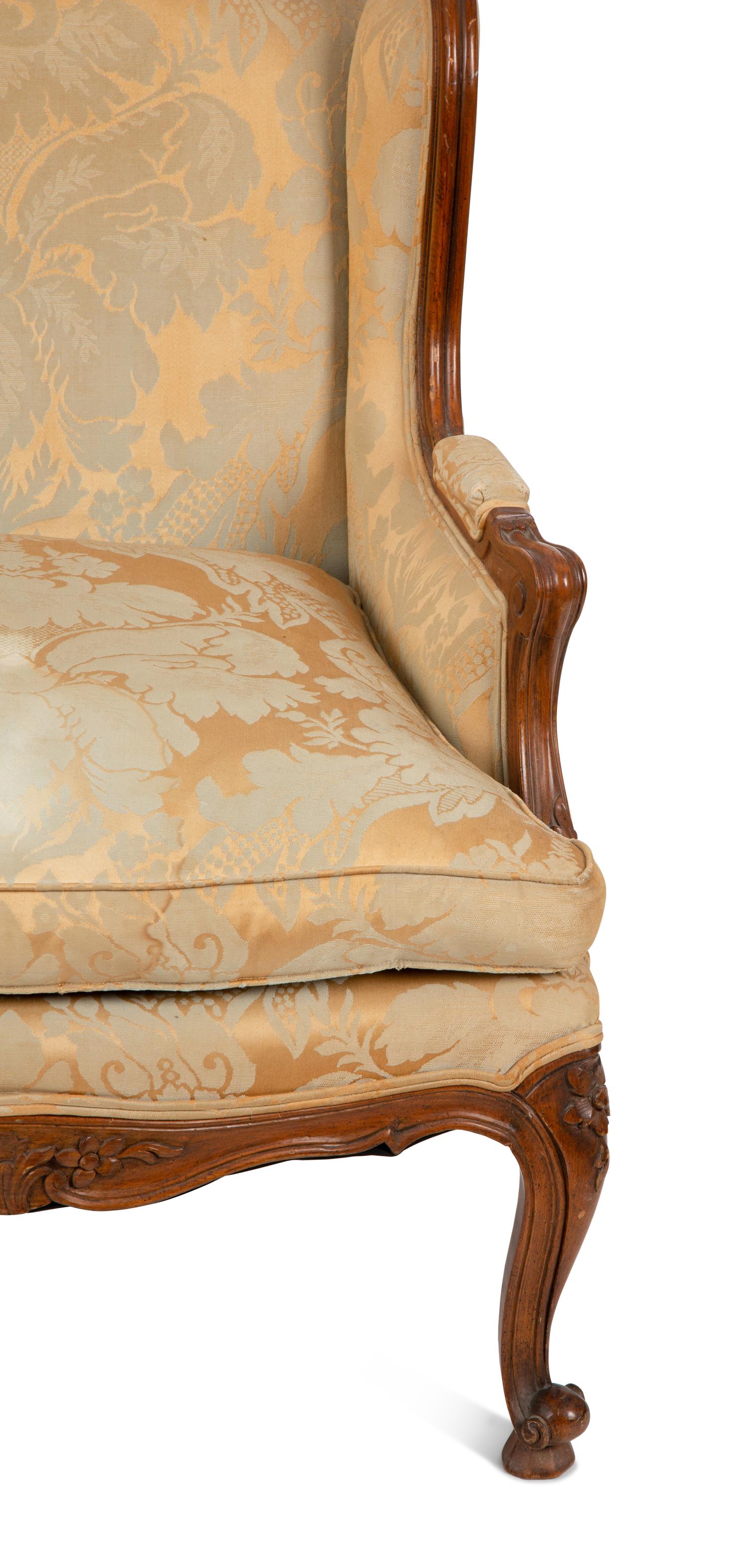 A Louis XV Style Carved Bergere Oreilles with Silk Damask Upholstery — 20TH CENTURY