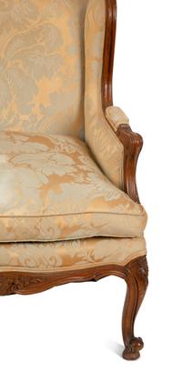 A Louis XV Style Carved Bergere Oreilles with Silk Damask Upholstery — 20TH CENTURY
