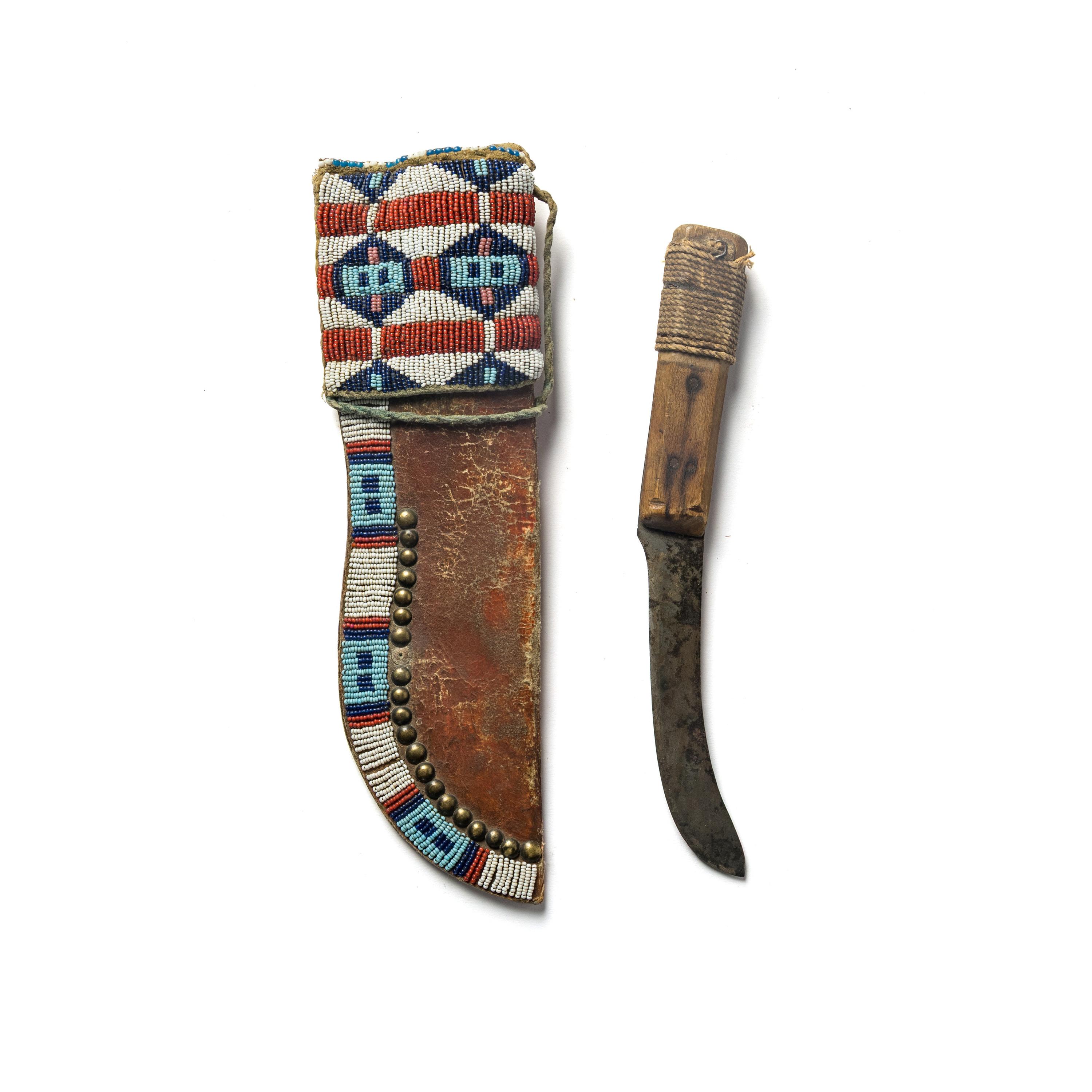 Blackfeet Beaded Buffalo Hide Knife Sheath, with Knife