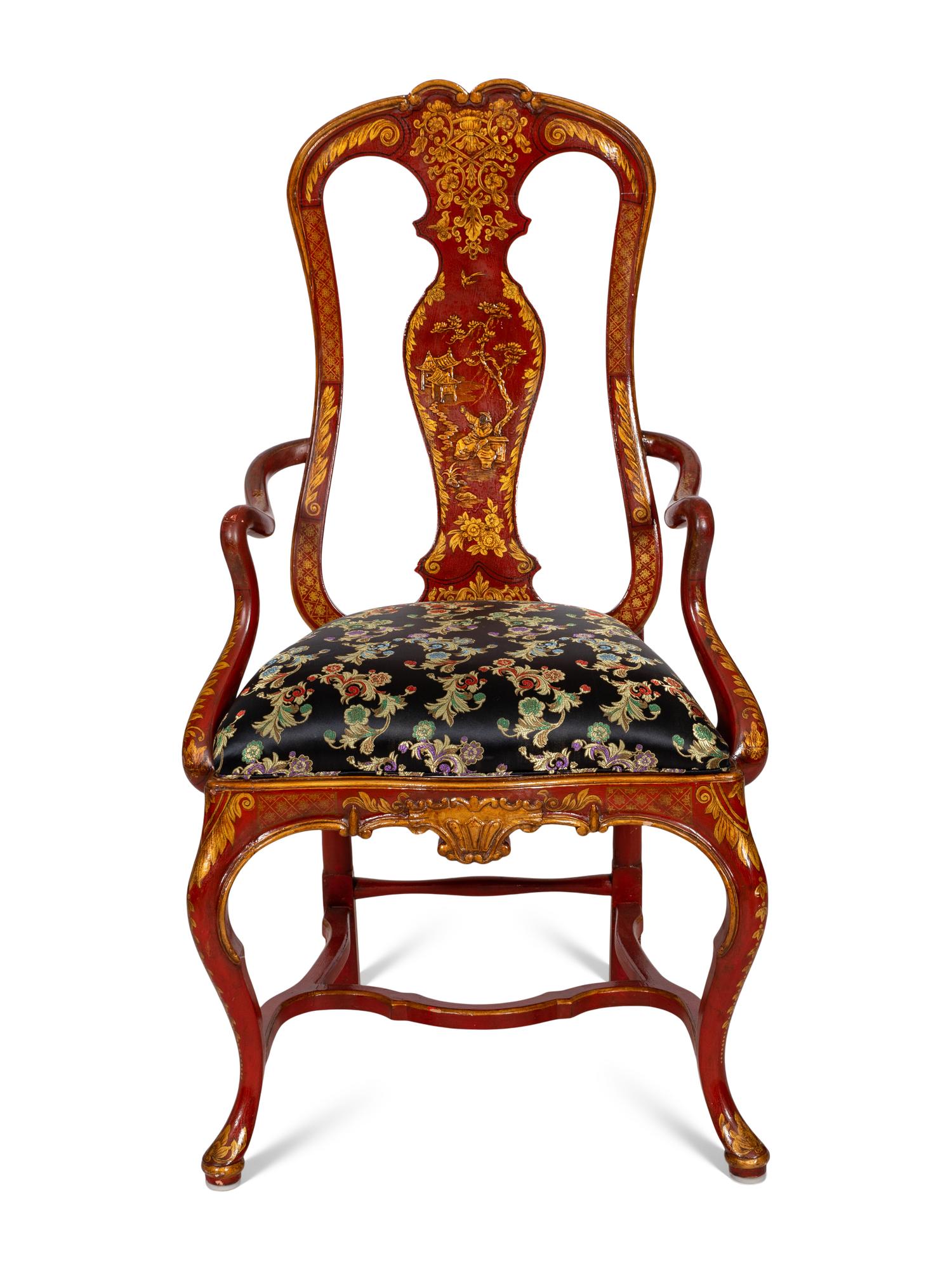 An Italian Rococo Style Red Japanned Armchair