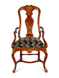 An Italian Rococo Style Red Japanned Armchair