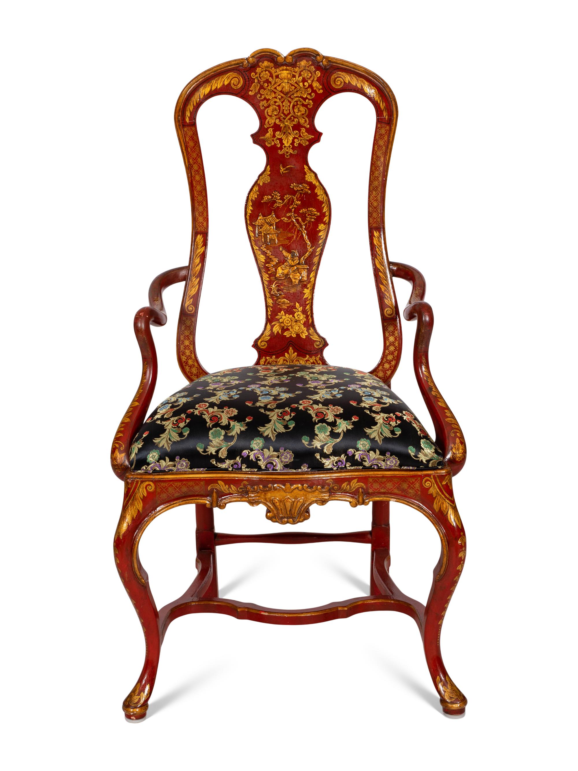 An Italian Rococo Style Red Japanned Armchair